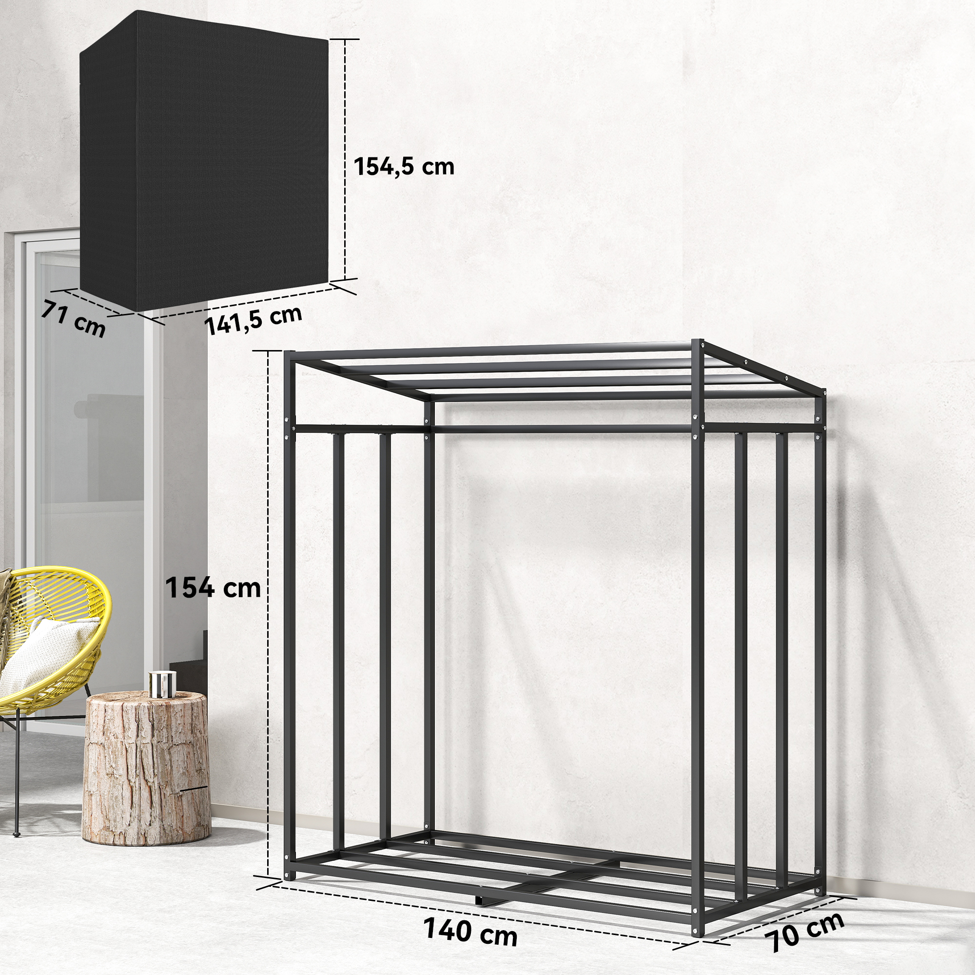 Feuerholzregal, Brennholzständer aus Stahl, Stoffabdeckung, 300 kg Belastbarkeit, 140 x 70 x 154 cm, Schwarz