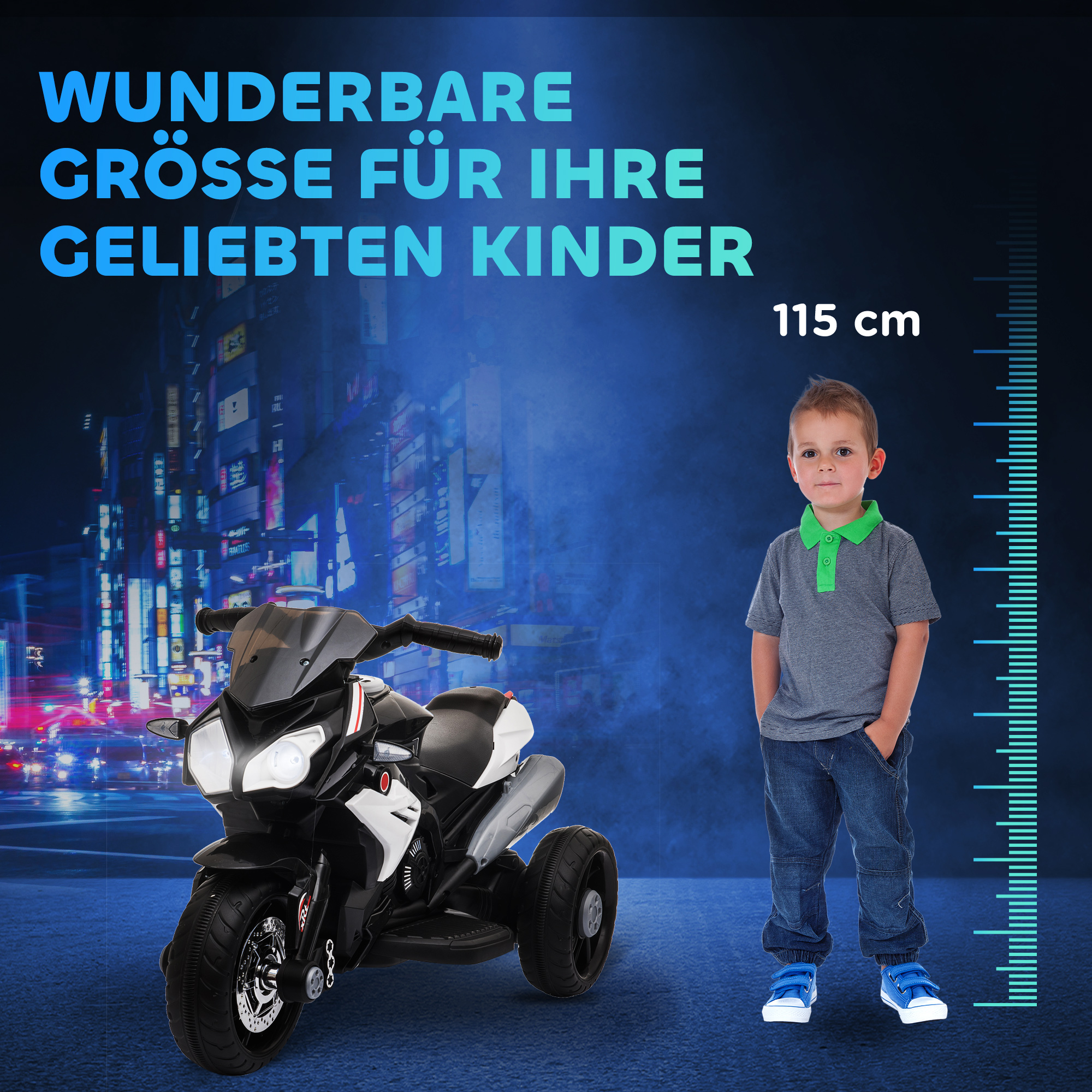 Elektro-Kindermotorrad, Lichter & Geräusche, 3 km/h, wiederaufladbar, Kunststoff & Metall, Schwarz/Weiß