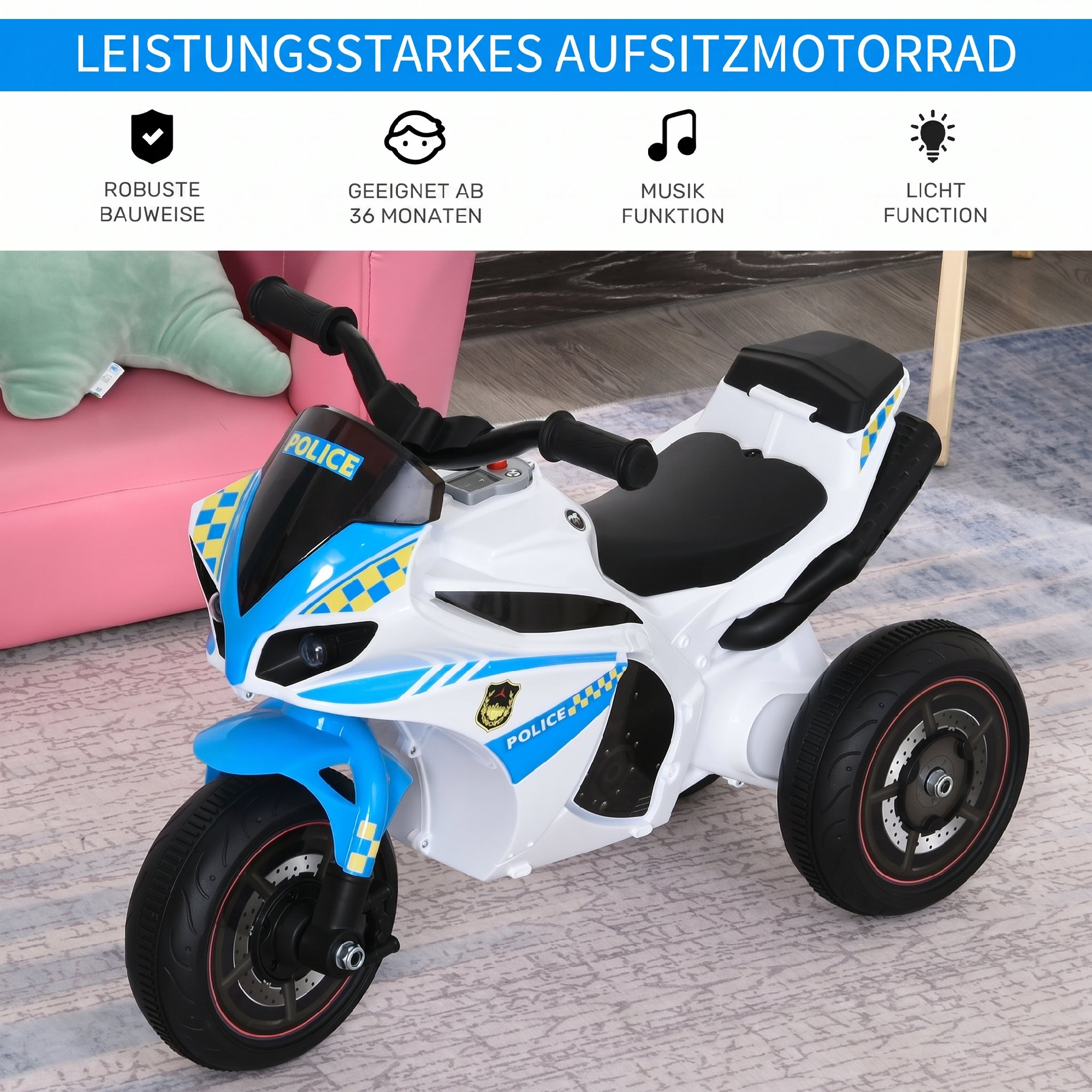 Rutschauto, Rutschfahrzeug mit Musik und Scheinwerfer, Kinderfahrzeug im Rennmotorrad-Design, bis 20kg 18-36 Monate Blau
