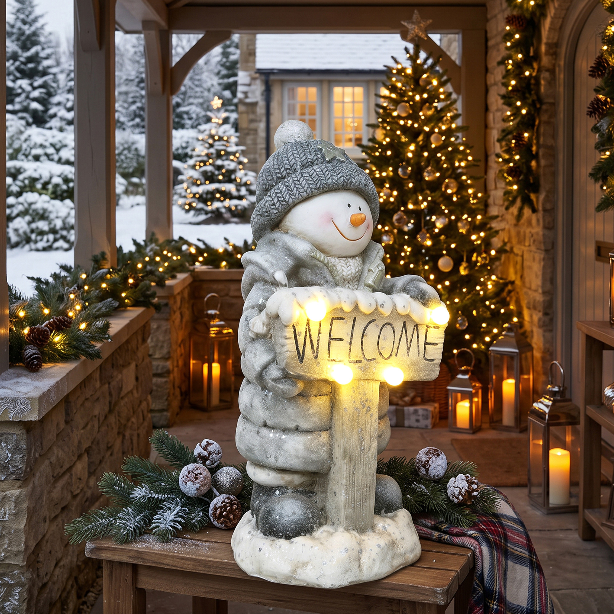 Weihnachtsdeko Schneemann-Figur, beleuchtete Weihnachtsstatue aus MGO mit Welcome-Schild, LEDs und Tages-Timer