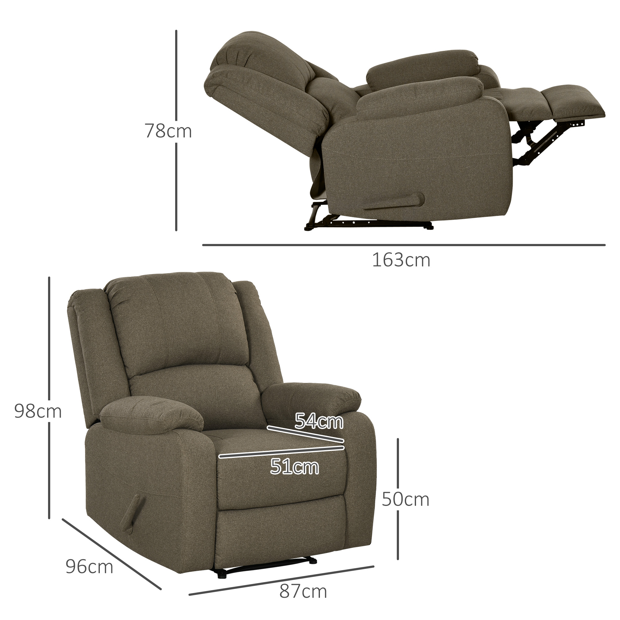 Relaxsessel, Liegefunktion und Fußstütze, verstellbar, bis 150 kg, Stahlrahmen, 90 x 96 x 98 cm, Braun
