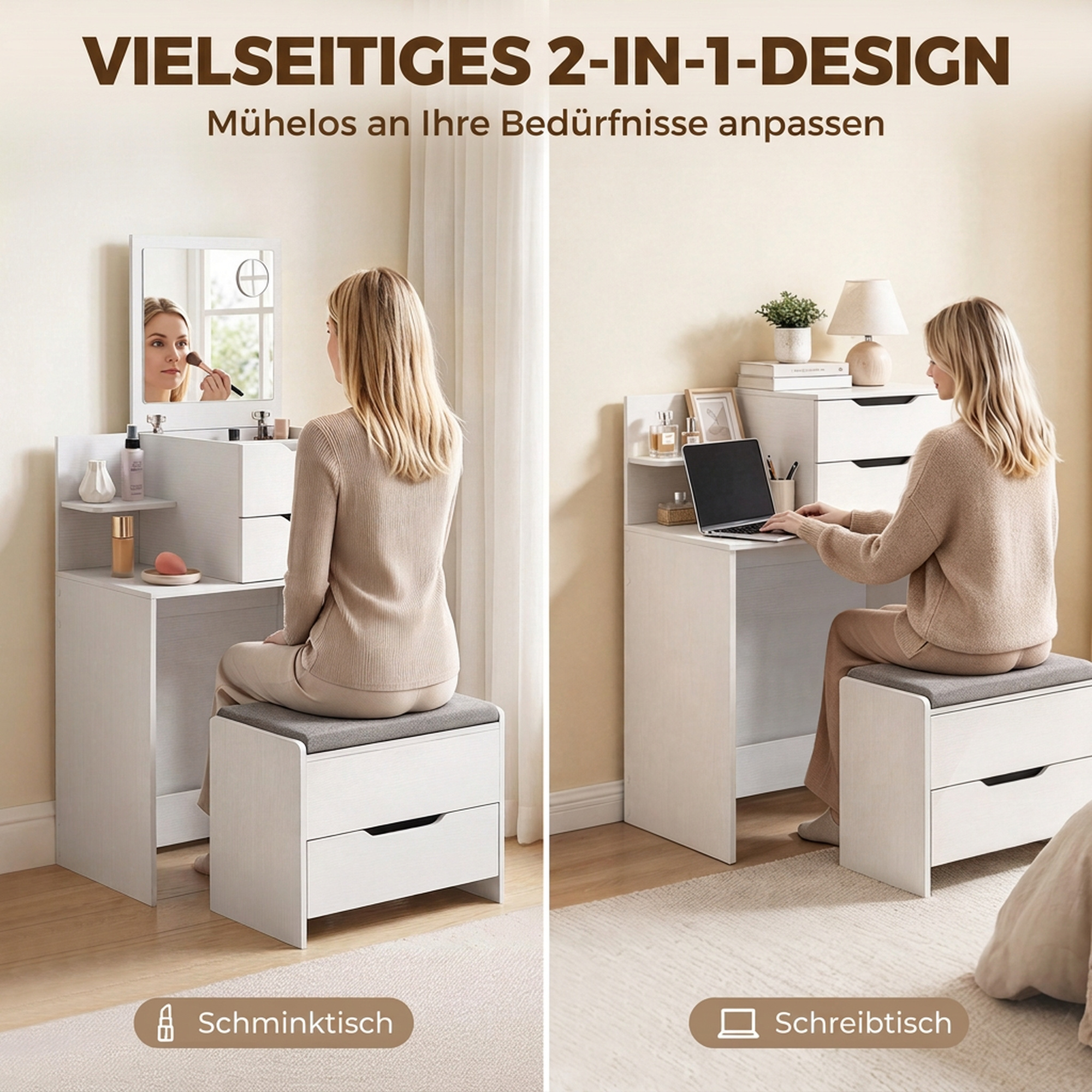 Schminktisch mit Spiegel und Hocker mit Klappspiegel, Kosmetiktisch mit Schubladen, Weiß