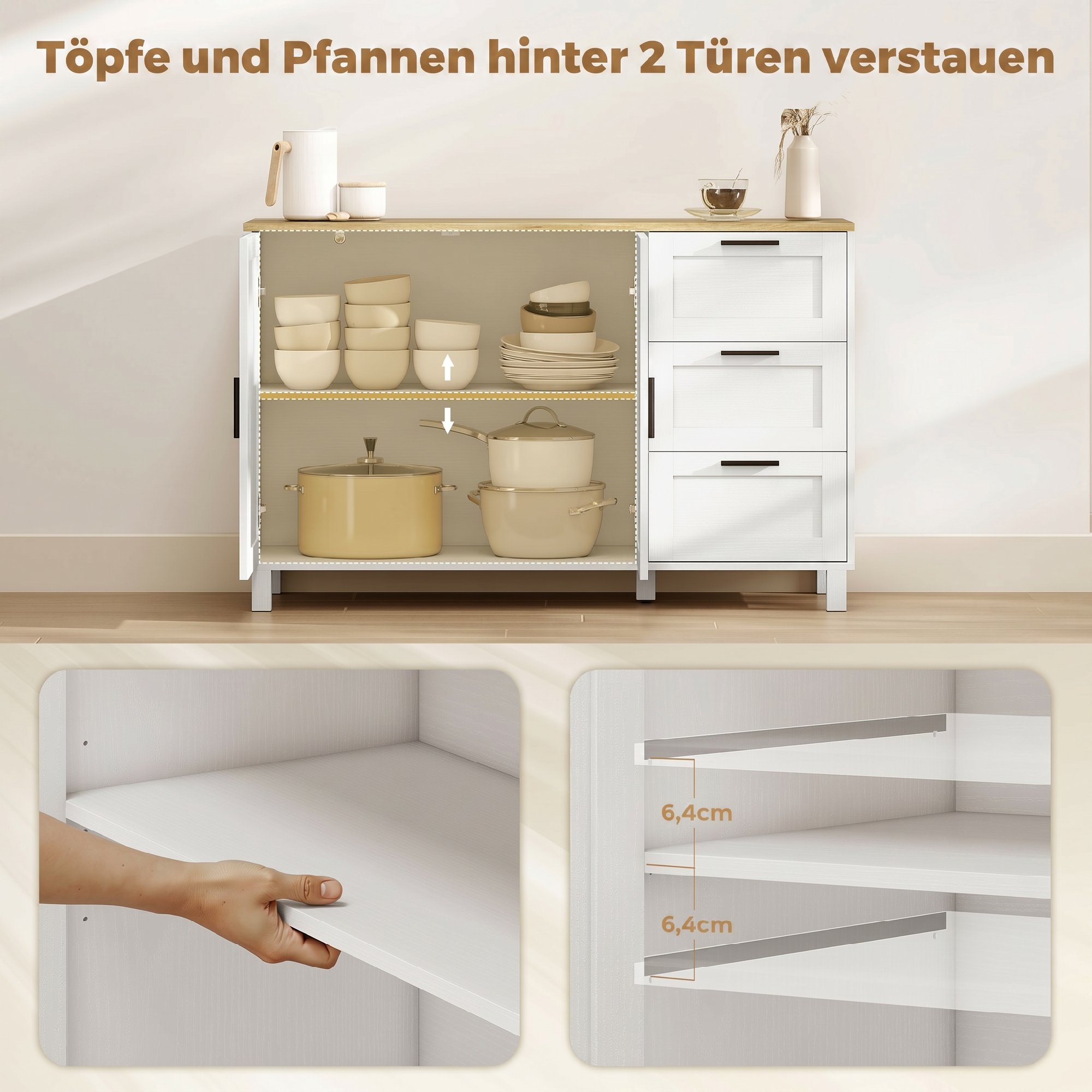 modernes Sideboard mit Soft-Close-Türen, Kaffeebar-Schrank mit 3 Schubladen und verstellbarem Einlegeboden, Weiß