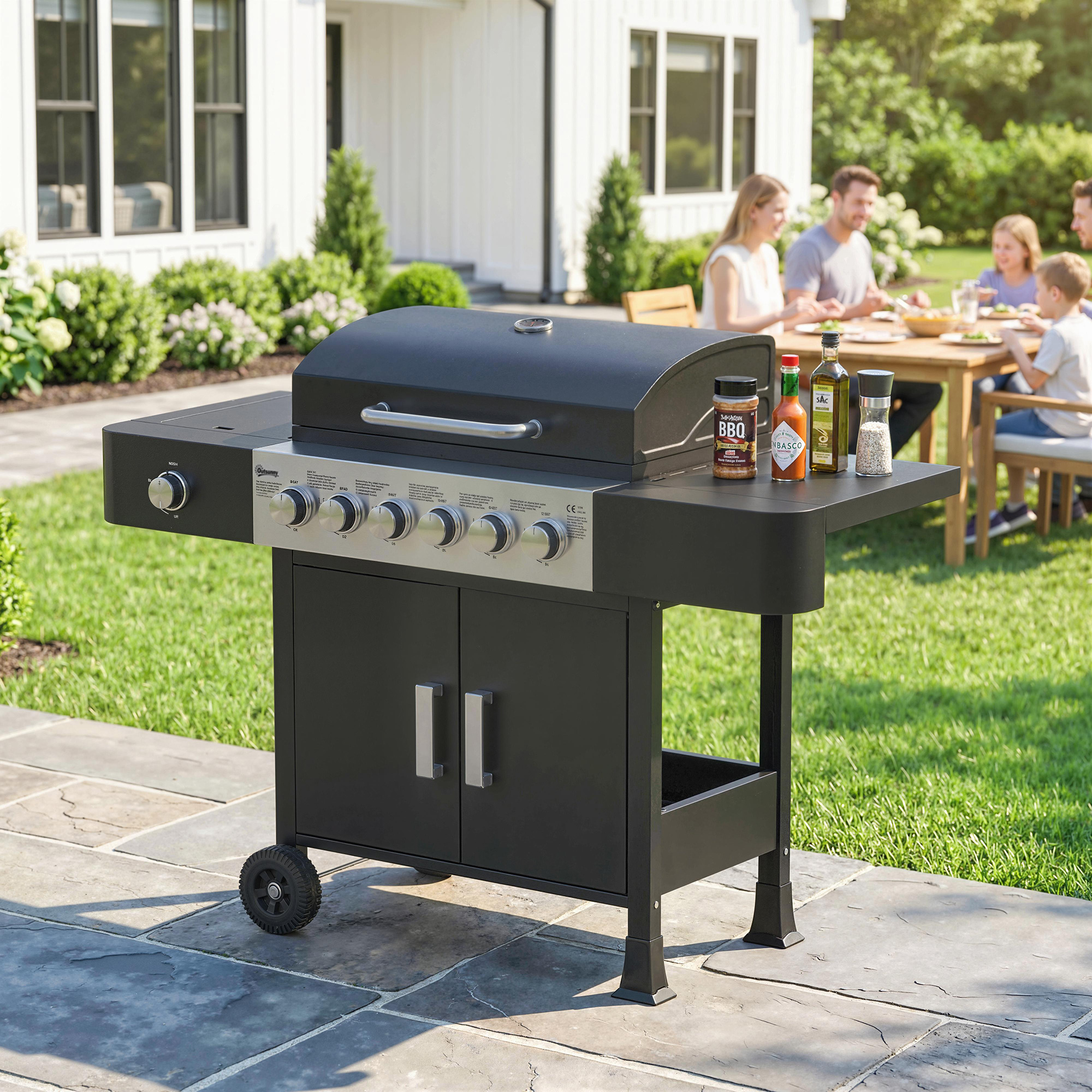Gasgrill 17,8 KW 6+1 Brenner BBQ Grillwagen aus Edelstahl inkl Rolle Seitenbrenner Thermometer Emaille-Grillrost