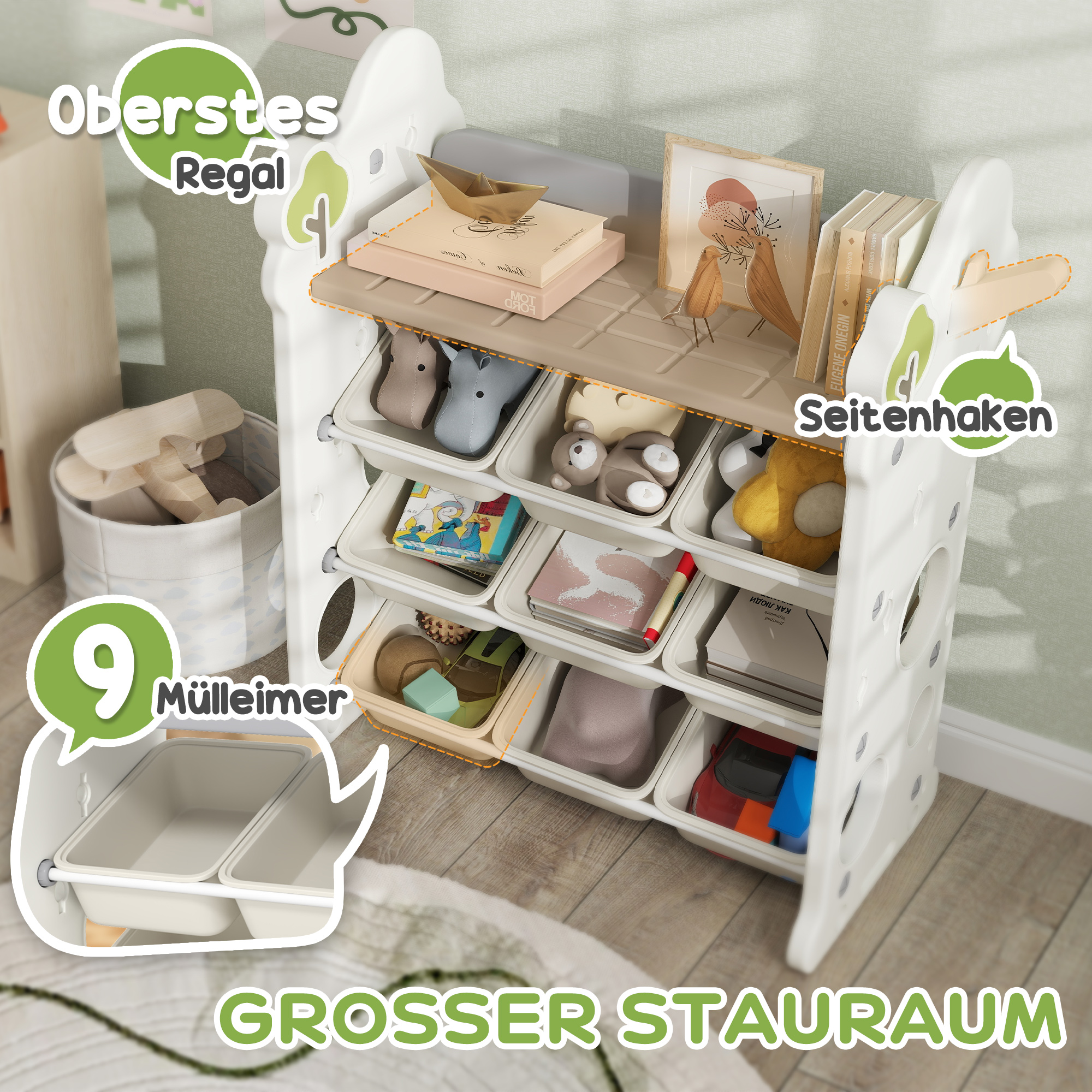 Kinder-Aufbewahrungsregal mit 9 Behältern, für Spielzeug und Bücher, Kinderzimmer, Kindergarten, Kunststoff, Cremeweiß
