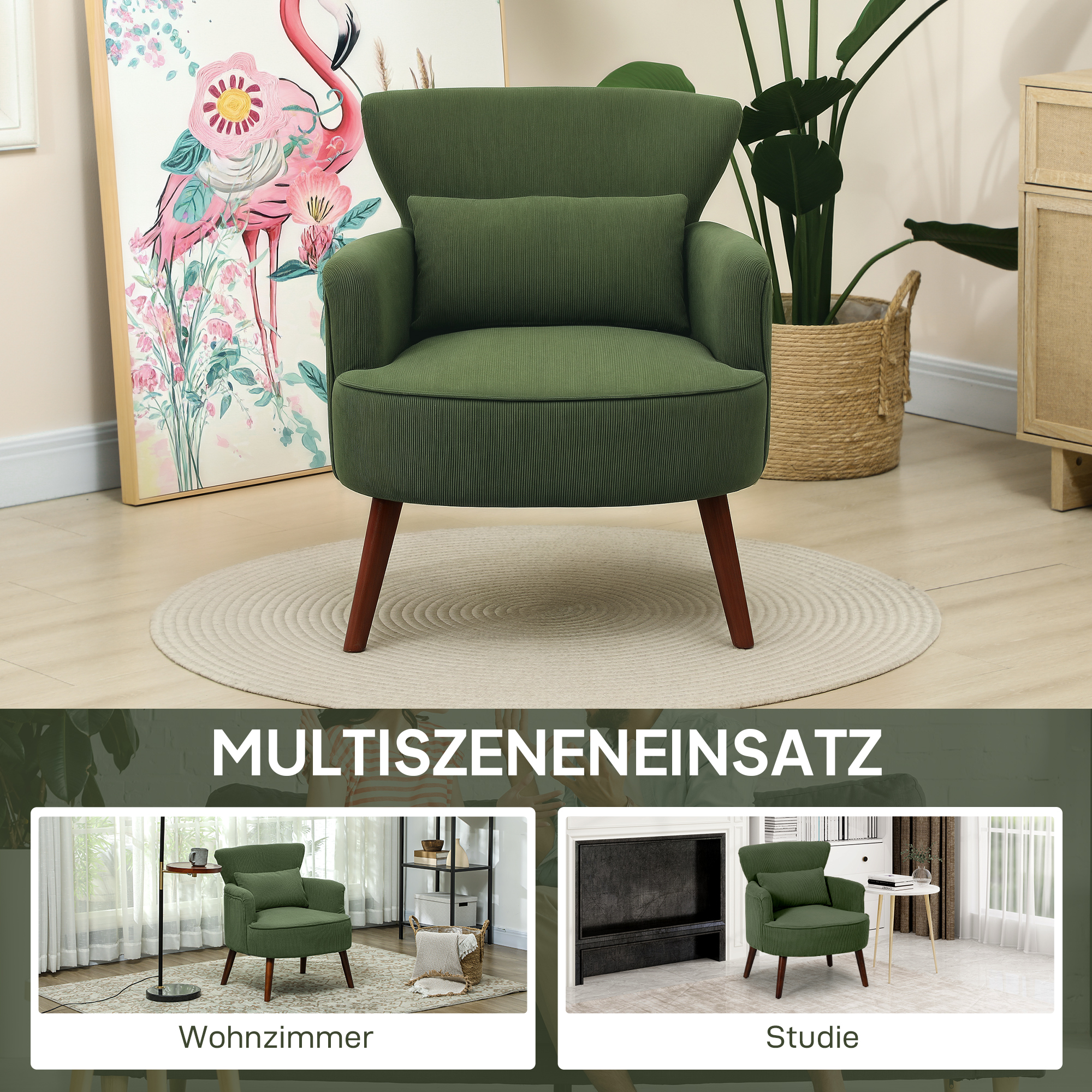 Moderner Armlehnstuhl, Gepolsterter Akzentstuhl mit Lendenkissen, Grün