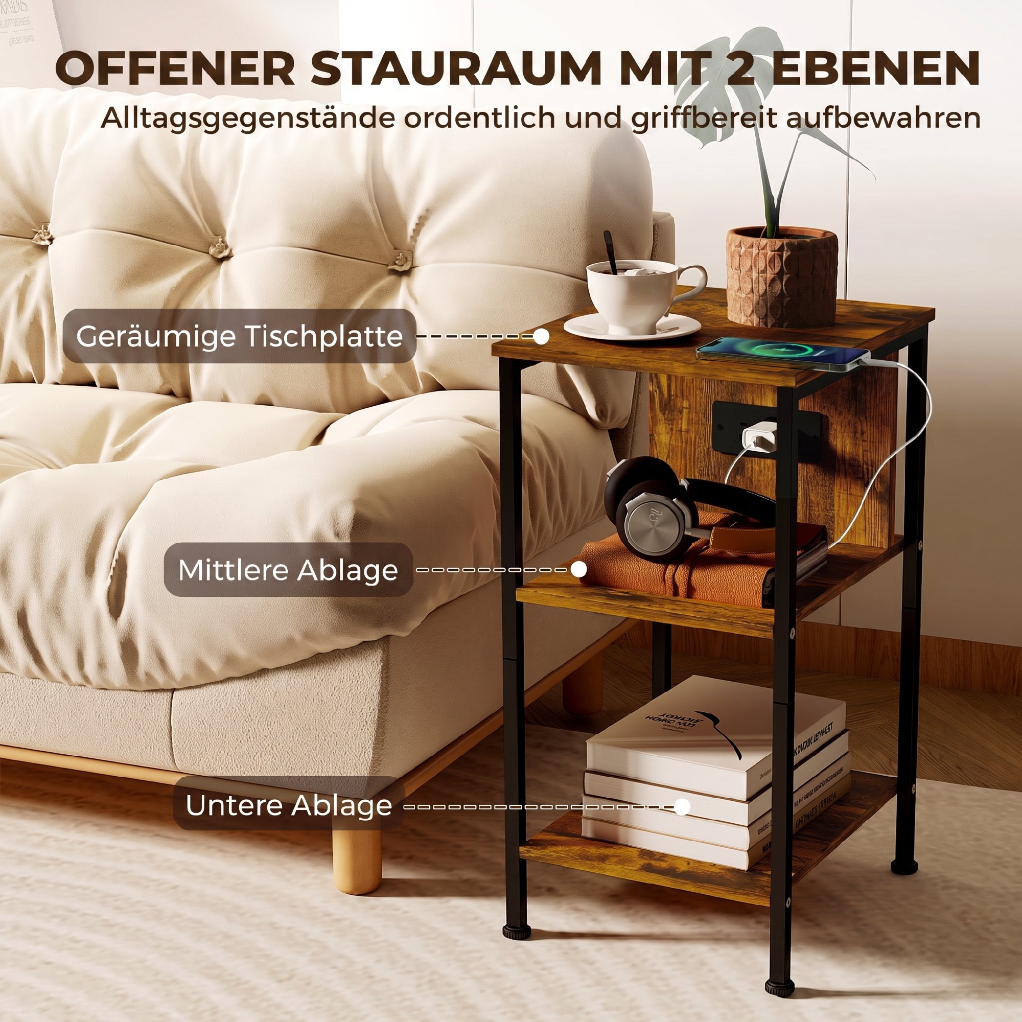 Beistelltisch mit Ladestation und 2 offenen Ablagen, Tigerholz-Optik