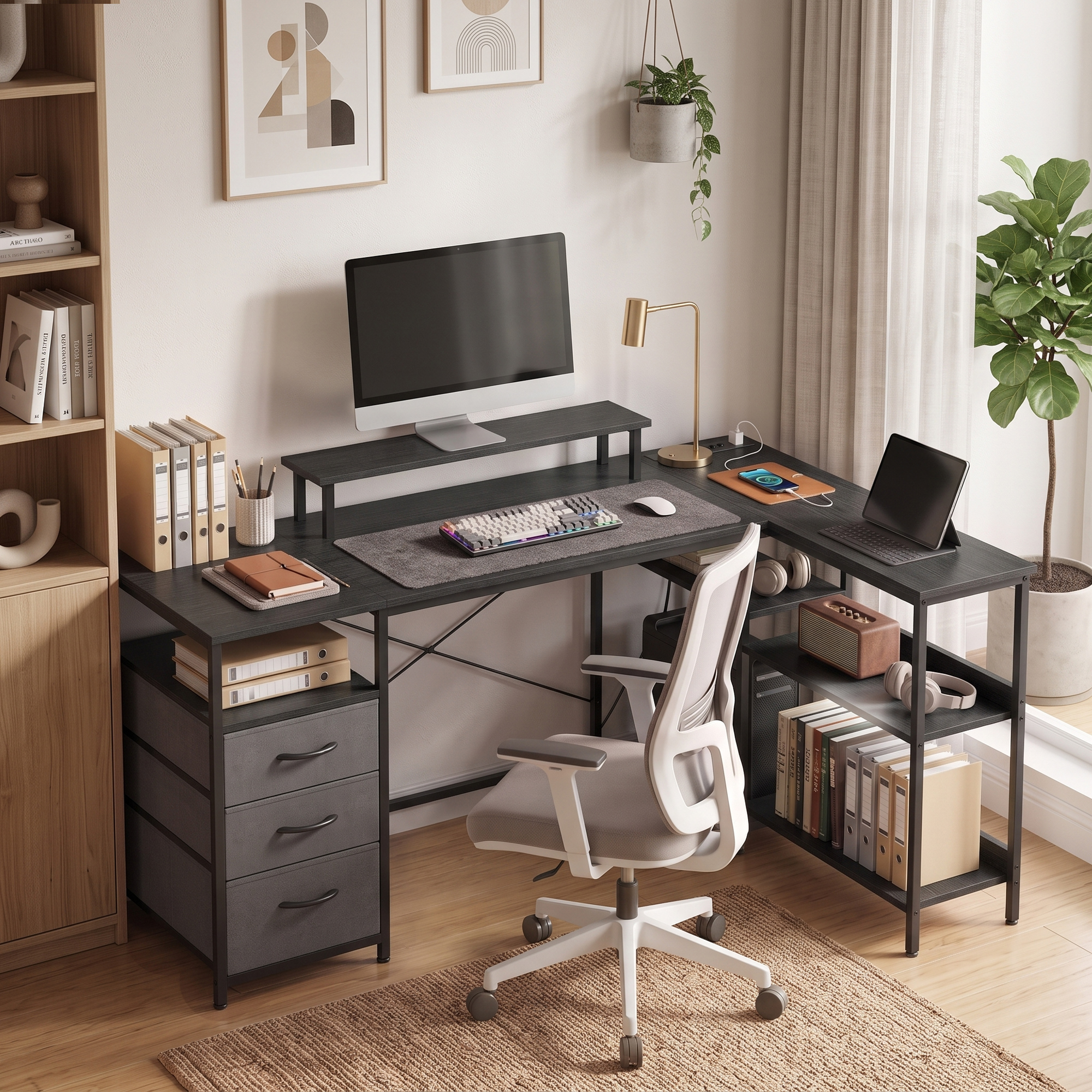 Schreibtisch in L-Form, umkehrbarer Eckschreibtisch mit Schubladen und Regalen, 170 cm, Schwarz
