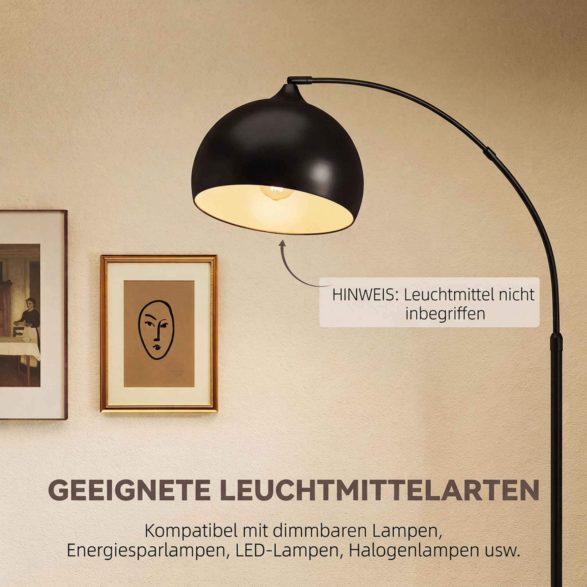 Bogenleuchte, Stehlampe, höhenverstellbar, Fußschalter, Sockel in Marmoroptik, 170-180cm, Schwarz