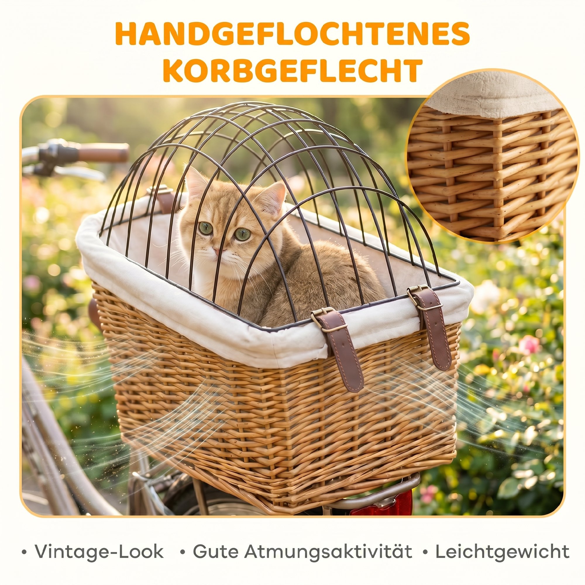 Fahrradkorb für Hunde & Katzen, Handgeflochtener Tierkorb mit Metallabdeckung & weichem Kissen, Hellbraun