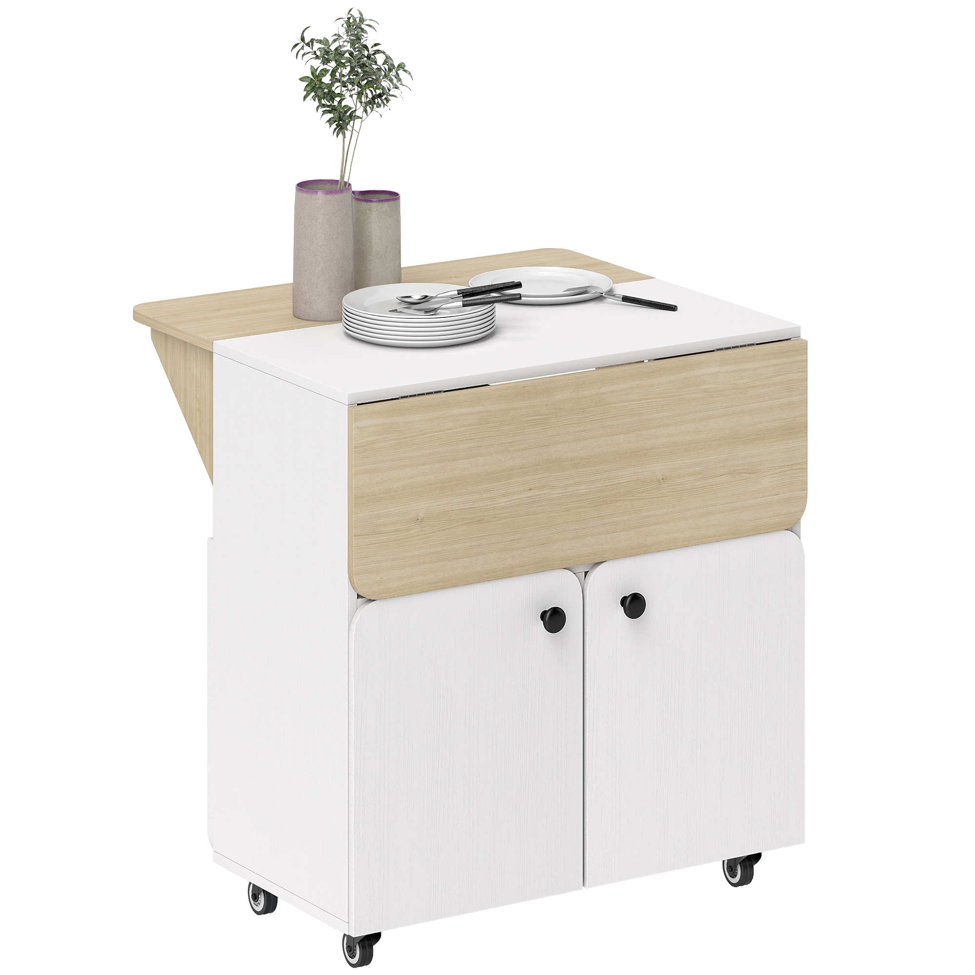 Klapptisch Rollschrank, zwei klappbare Tischseiten, Schrankfach, 4 Rollen, Weiß+Naturholz, 70 x 83 x 75cm