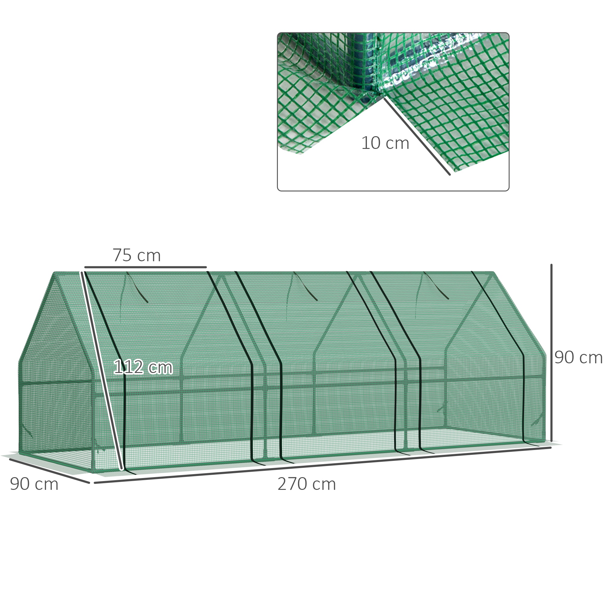 Gewächshaus mit 3 Rollfenster, PE-Gitterfolie, Foliengewächshaus aus Stahl, Treibhaus für Balkon, Garten, Tomatenhaus 270x90x90cm, Tomatengewächshaus für Gemüse, Blumen, Pflanzen, Grün