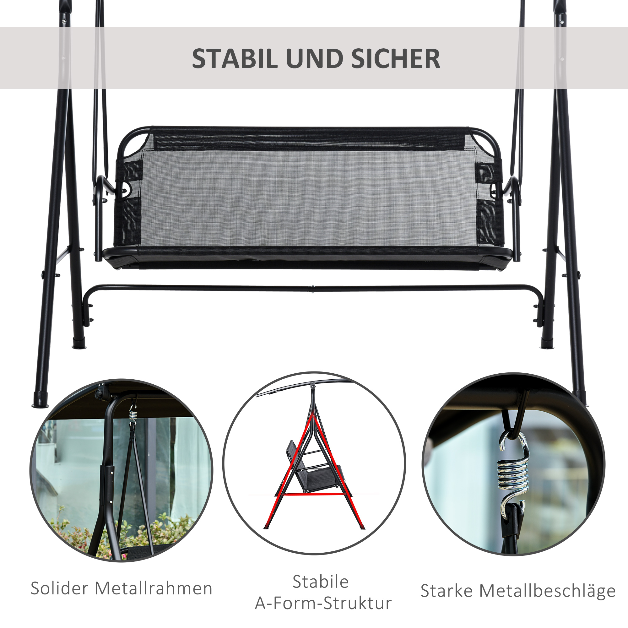 2-Sitzer Hollywoodschaukel Outdoor Gartenliege UV-beständig Hochwertiges Metallrohr winkeleinstellbar Schwarz