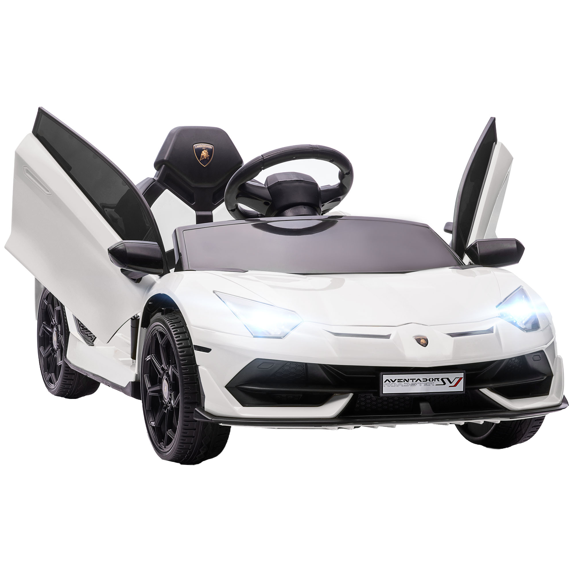Elektro-Kinderauto, lizenzierter Lamborghini Aventador, Flügeltüren, Musik, Hupe, für 3-5 Jahre, Weiß