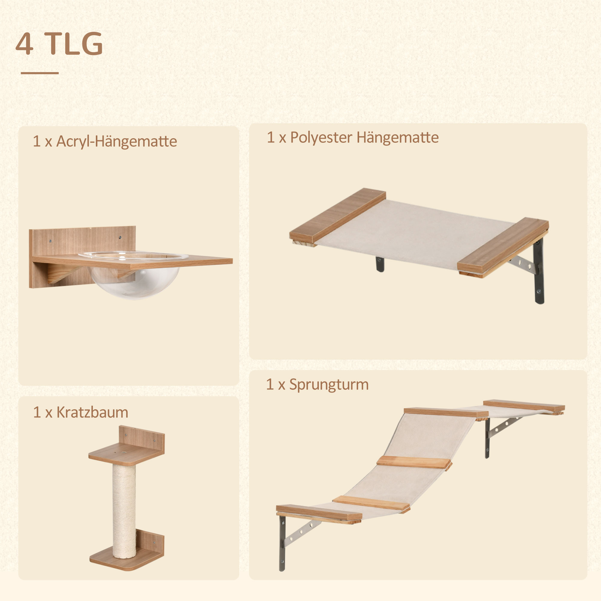 Kletterwand Katzen, 4-teilig Katzenkletterwand Set Katzen Wandelemente mit Kratzbaum Hängematte Sprungplattform Kratzsäule Katzentreppe Katzenwandmöbel für Klettern Schlafen bis 5 kg Hellbraun