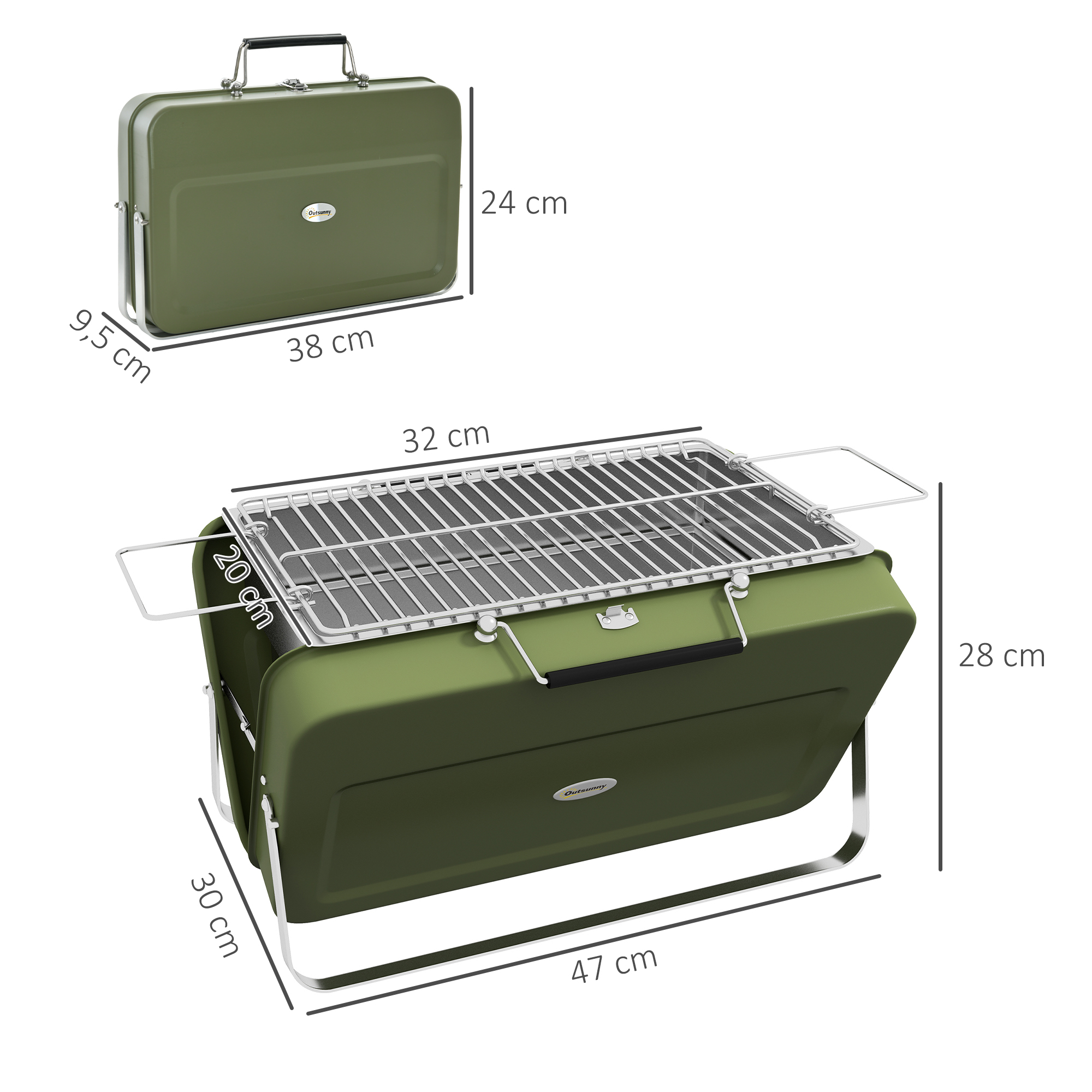Koffergrill, Mini-Kohlegrill, klappbar, mit Kohleschale und Ascheauffangschale, Metallgehäuse, Grün