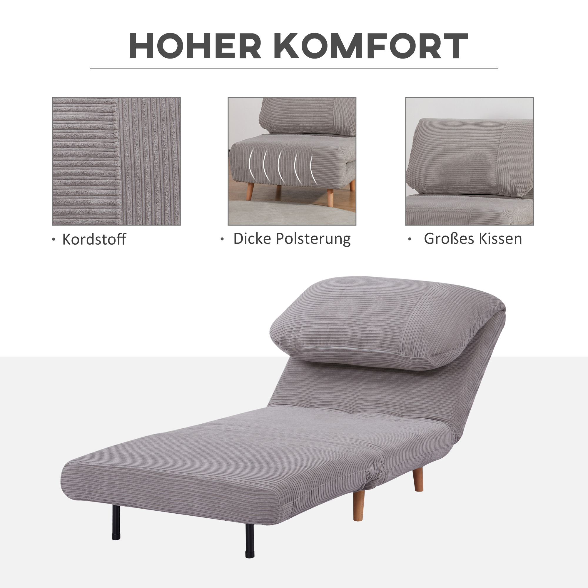 2-in-1 Schlafsessel Gästebett, bis 200 kg, verstellbare Kopfstütze Cord-Optik 82 cm x 8 cm x 83 cm Grau