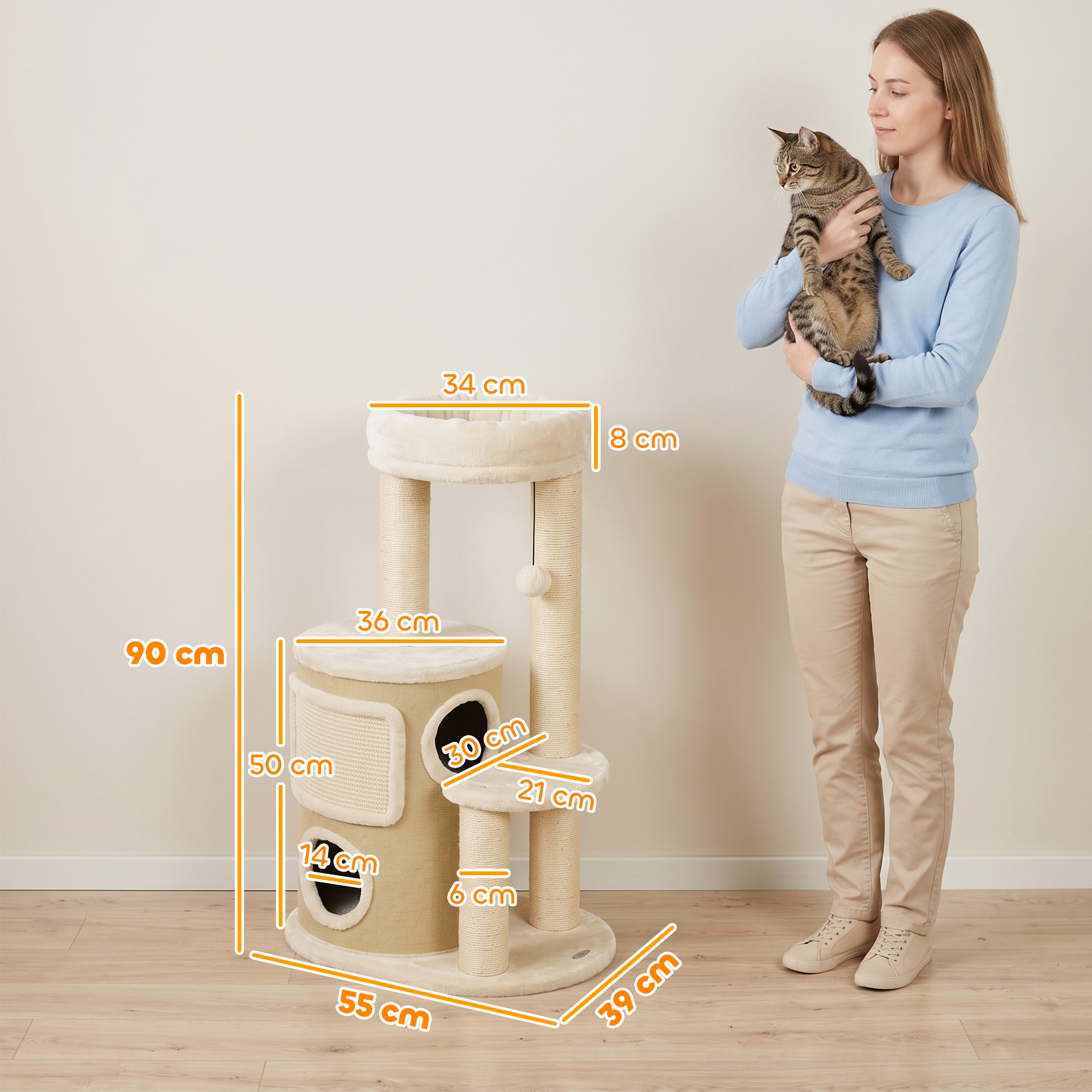 Kratzbaum mit 2-stöckiger Kratztonne Katzenbaum mit Sisal-Kratzpfosten, Plattform Sisalbrett Spielball, für Katzen 5kg