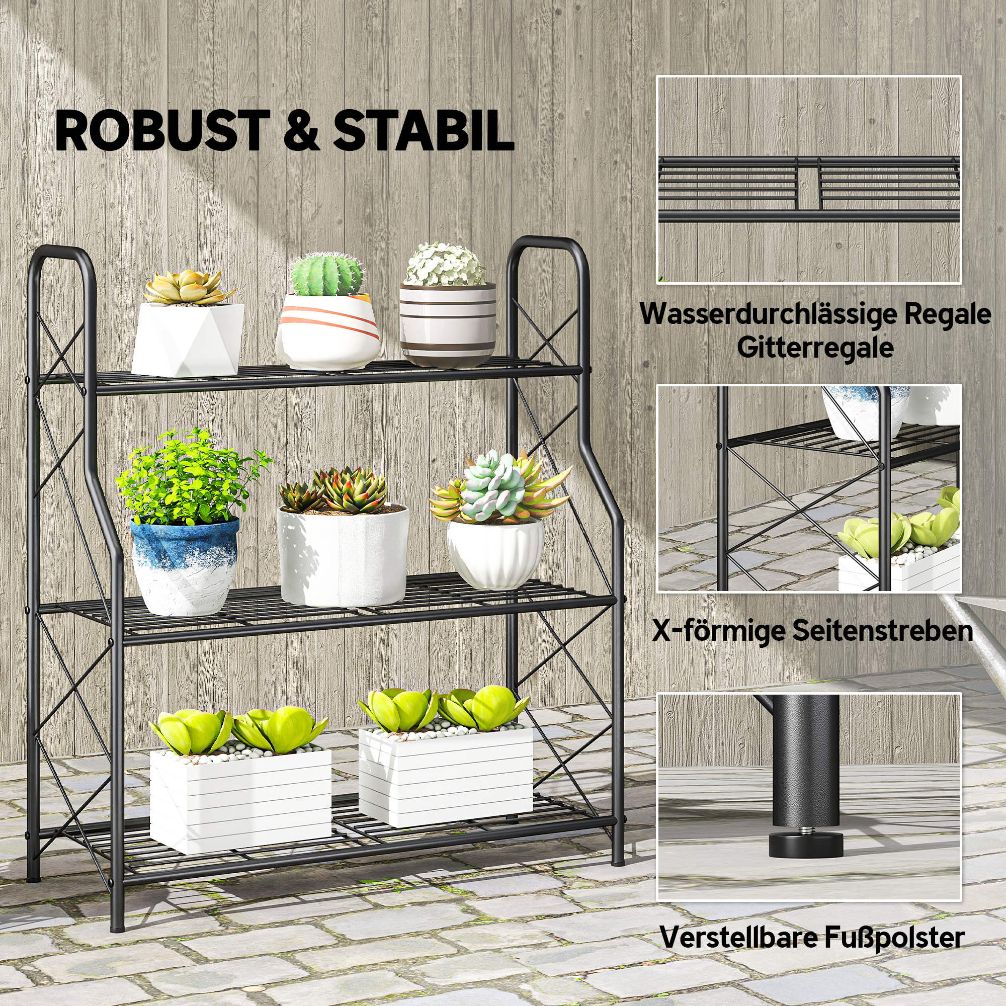 3-Etagen Pflanzenständer, 78 cm hoch Blumenständer mit Griffe, Pflanzenregal aus Metall Schwarz