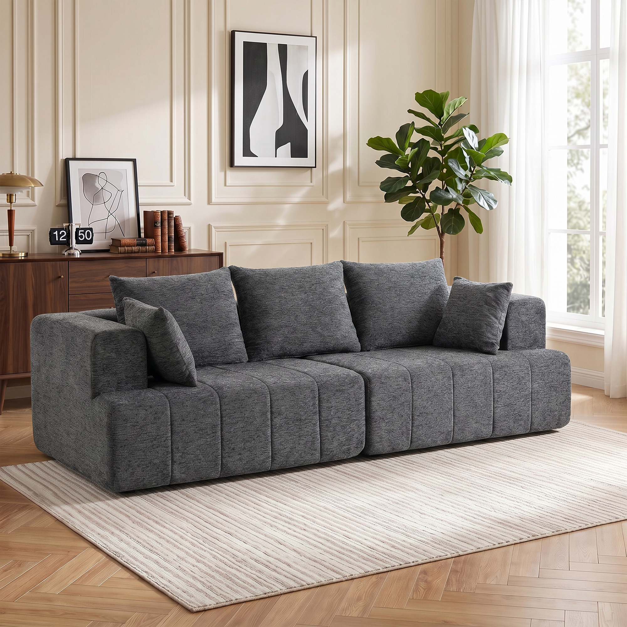 3-Sitzer-Sofa, Cloud-Sofa aus Chenille mit dicker Federkernpolsterung, breiter und tiefer Sitzfläche, breiten Armlehnen, Kissen, grau