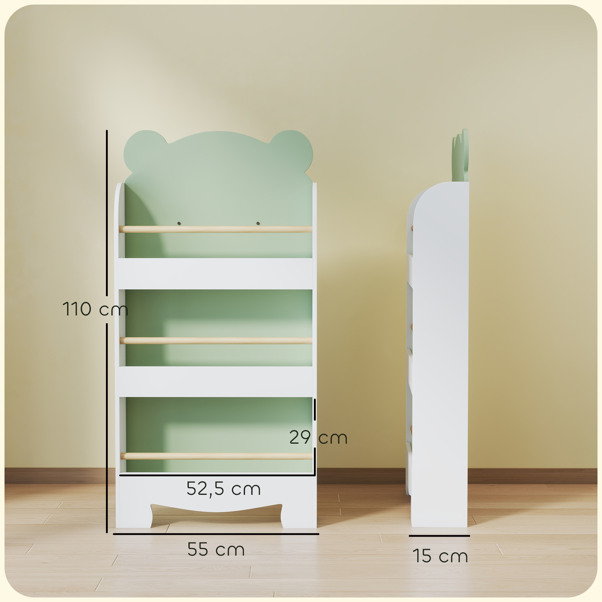 Bücherregal Kinder, 3-stufiges Kinderregal mit Bärenthema für Bücher Spielzeug Kinderzimmer, 55 x 15 x 110 cm, Grün