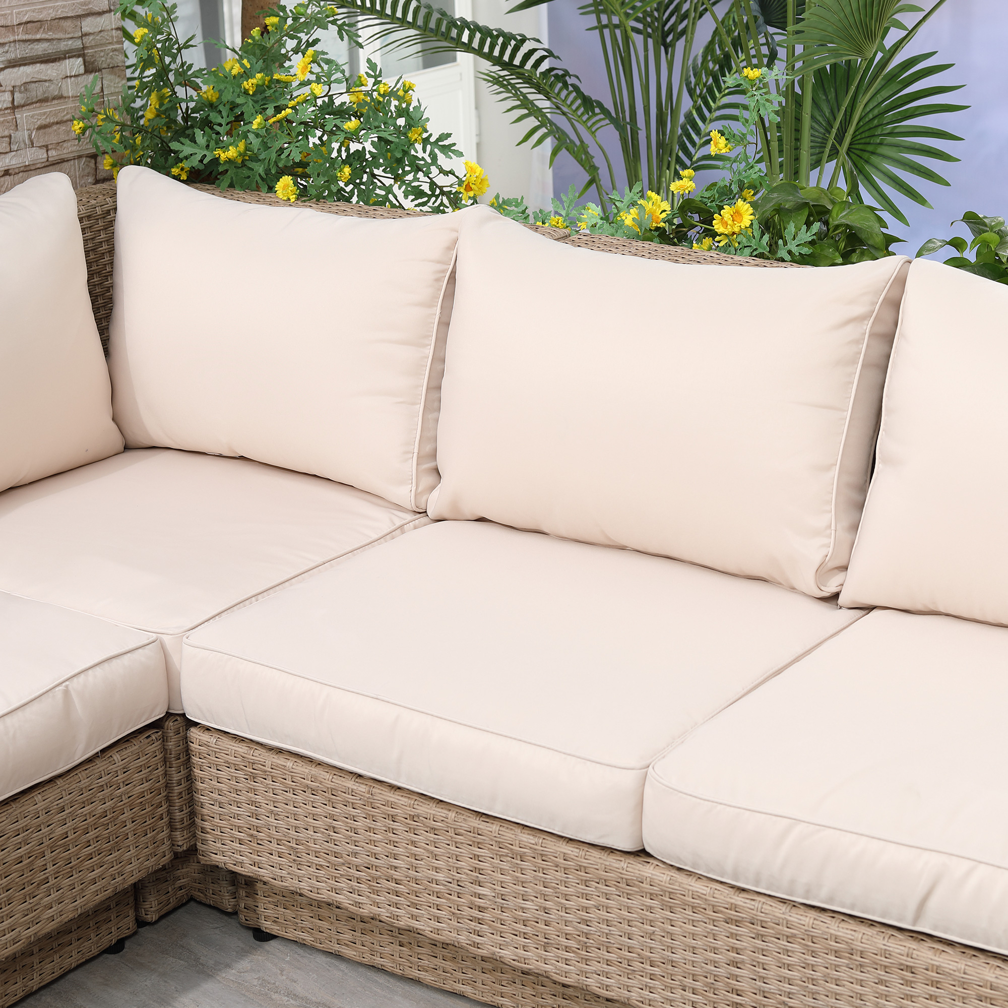 4-tlg, Luxus Polyrattan Gartengarnitur Gartenmöbel Garten-Set Sitzgruppe Loungeset Loungemöbel inkl, Ablagen und Beistelltisch Sitzkissen Braun