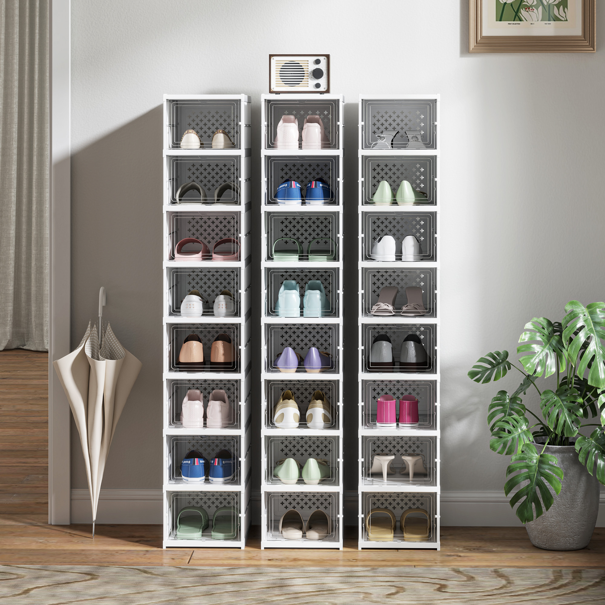 8-stufiges Schuhregal, Schuhschrank, faltbar, belüftete Rückseite, Kunststoff, Weiß