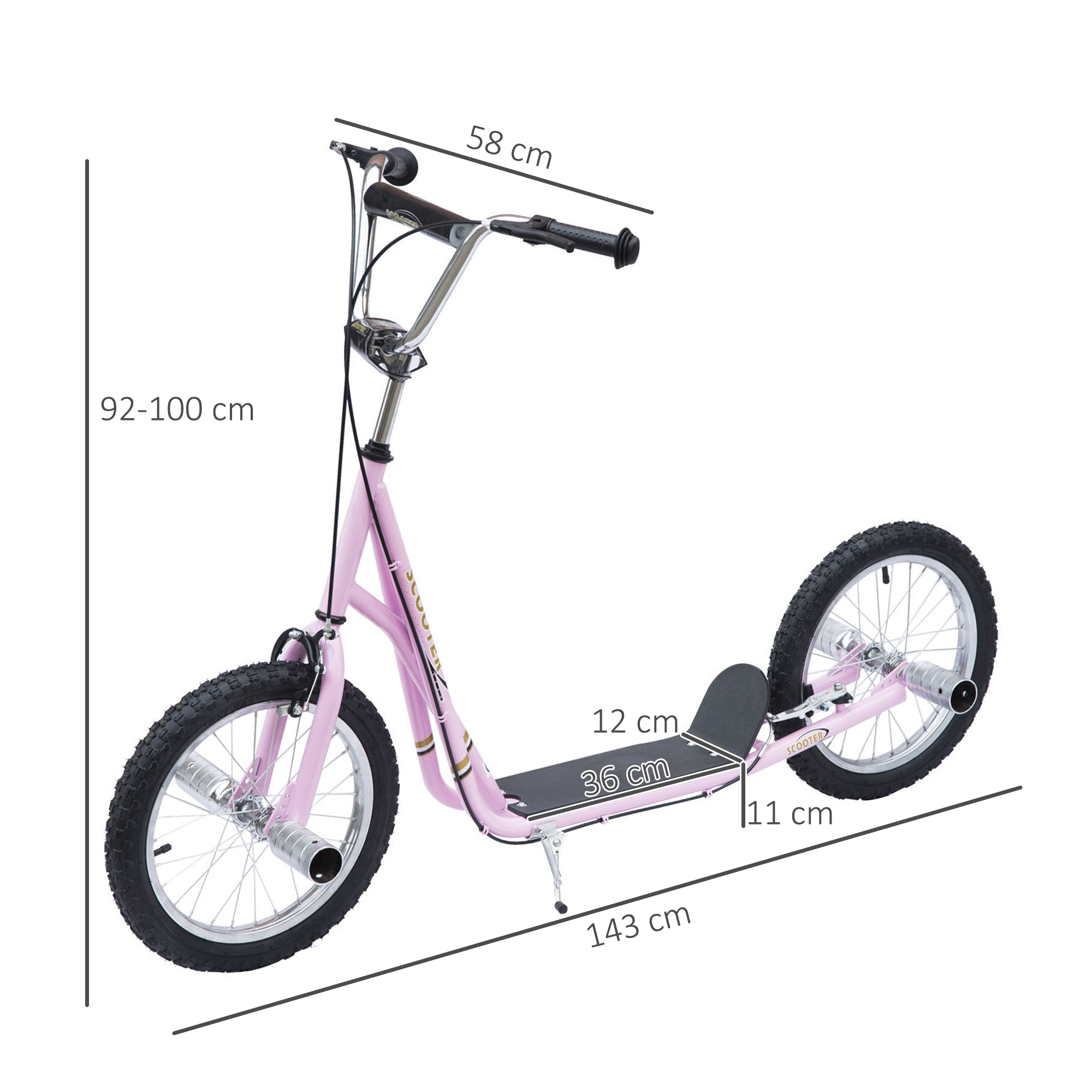 Kinderroller mit Luftreifen Kickscooter Scooter Tretroller Cityroller für Kinder Kickboard 16 Zoll ab 5 Jahre Höhenverstellbar Rosa 143 x 58 x 92-100 cm