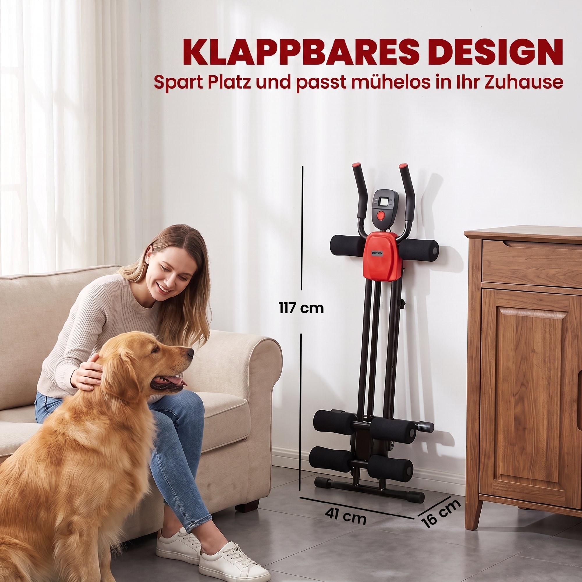Bauchtrainer, Klappbarer Bauchmuskeltrainer mit LCD-Anzeige, Doppel-Schienen belastbar bis 120 kg, Stahl, Rot