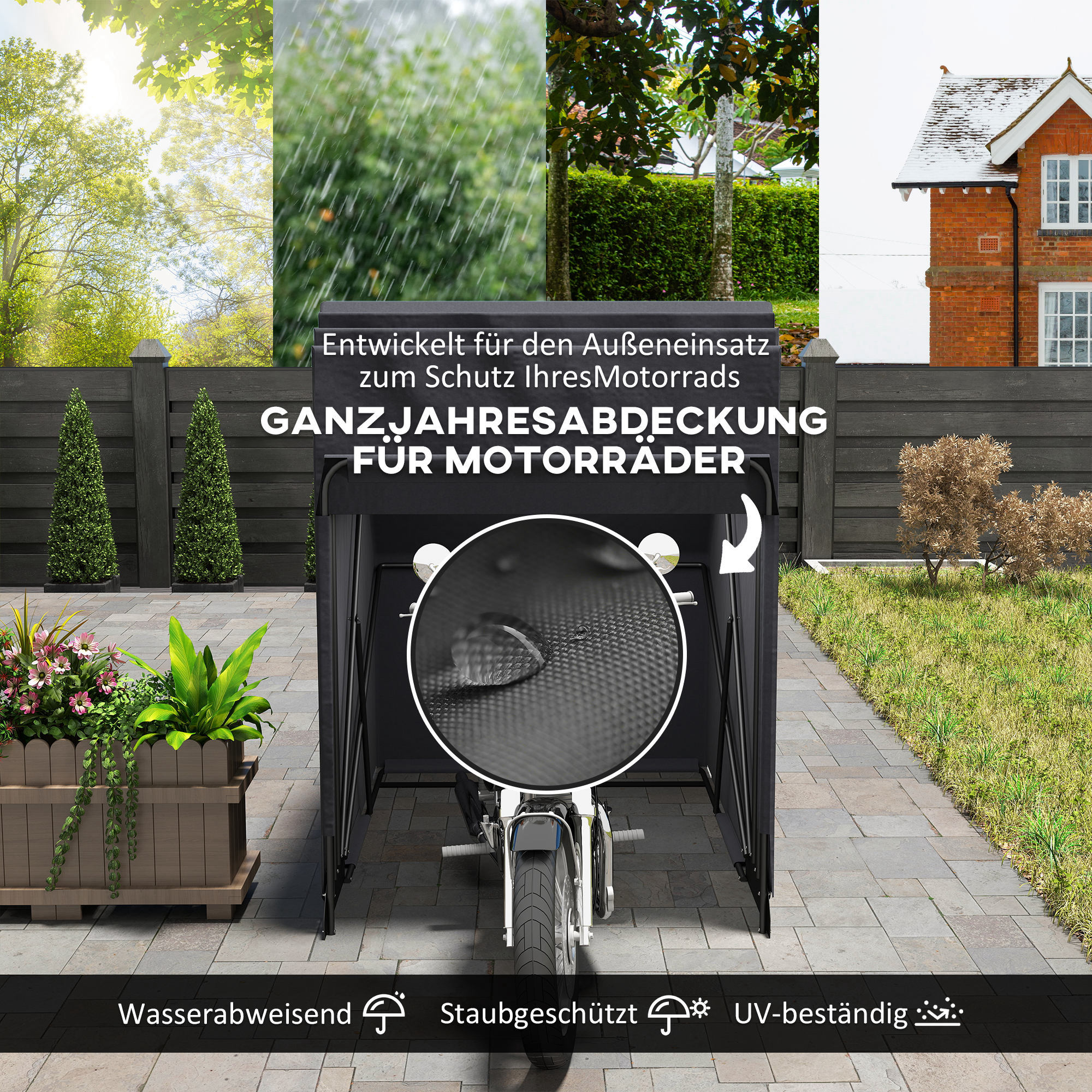 Motorrad Abdeckplane Faltbar Outdoor Motorradabdeckung Wasserdicht Winterfest XXL 345cmx135cmx191cm Schwarz