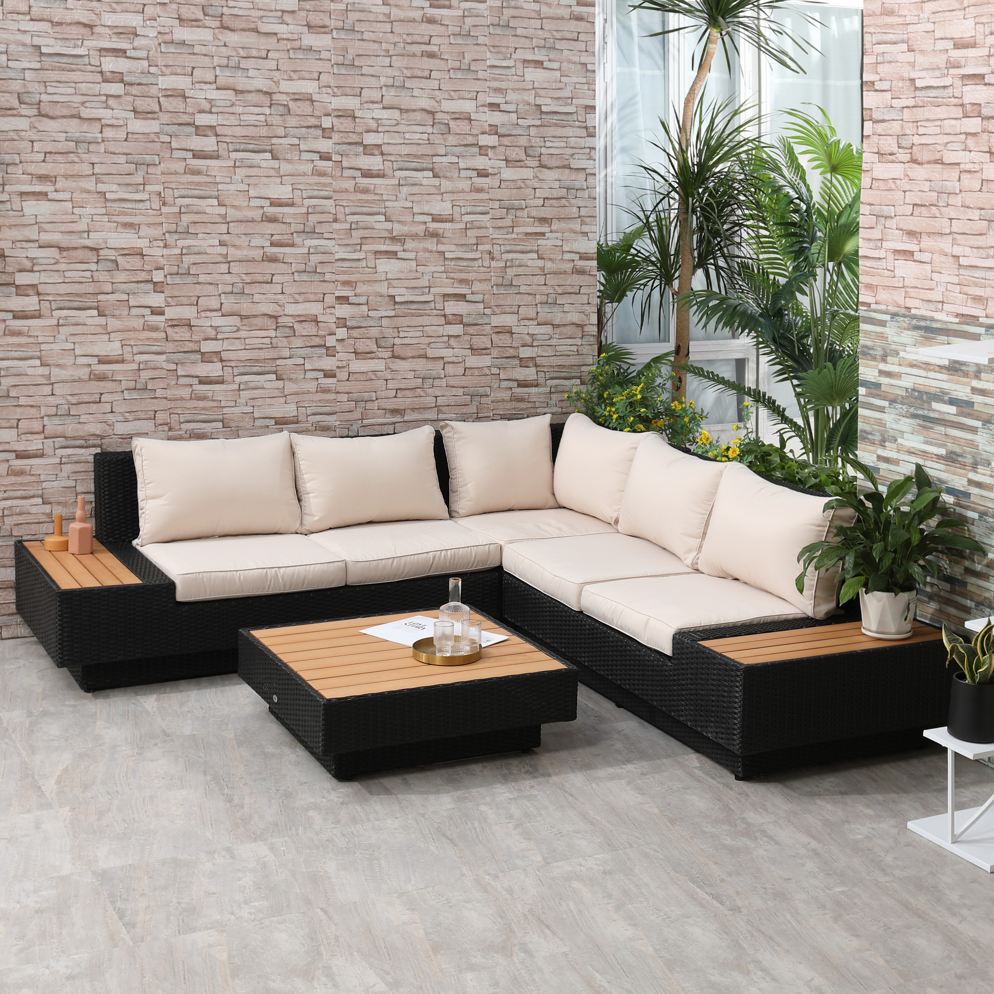 4-tlg. Luxus Polyrattan Gartengarnitur Gartenmöbel Garten-Set Sitzgruppe Loungeset Loungemöbel inkl. Ablagen und Beistelltisch Sitzkissen Schwarz