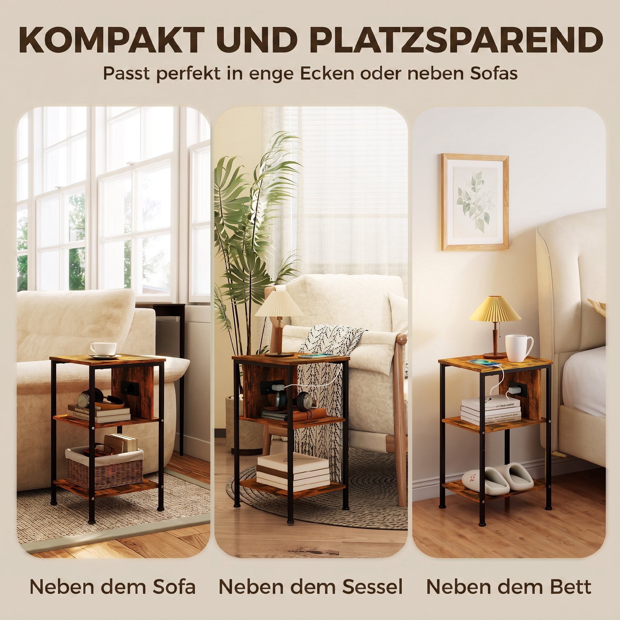 Beistelltisch mit Ladestation und 2 offenen Ablagen, Tigerholz-Optik