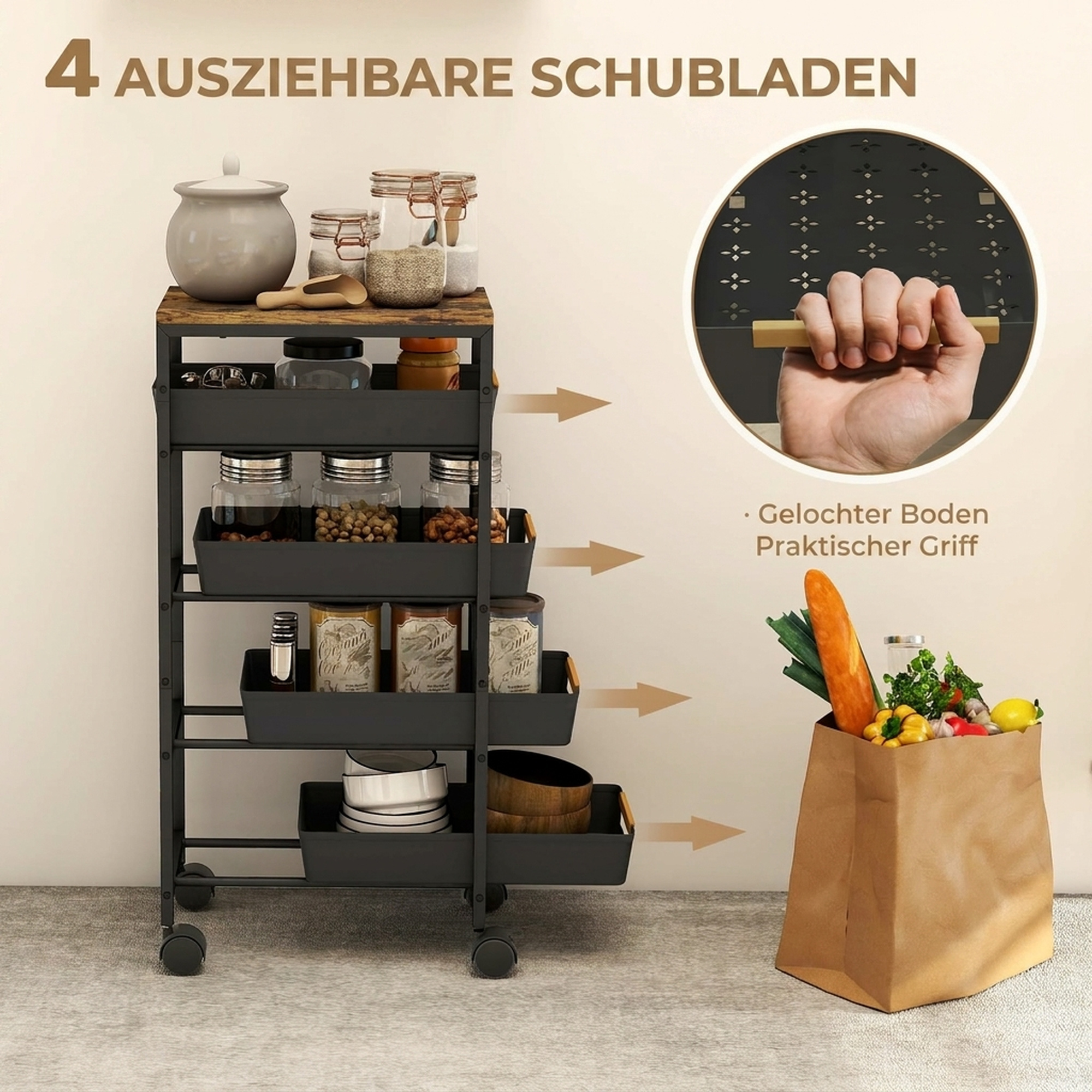 5-stufiger Küchenwagen, Holzoptik, rollbar, Metallrahmen, 4 Schubladen, Schwarz