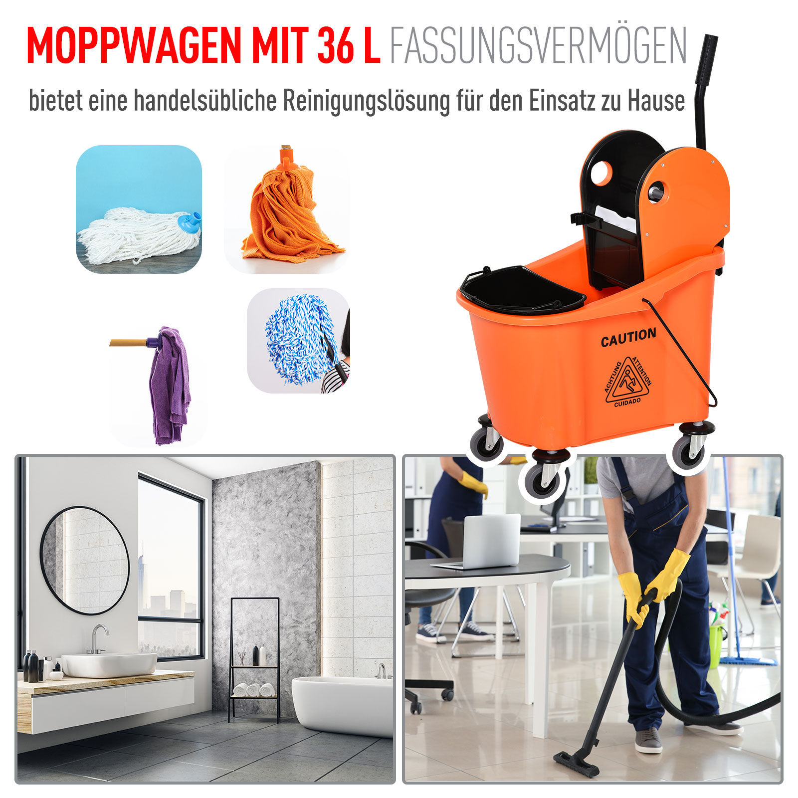 Reinigungswagen 36 Liter Fahreimer Putzeimer Wischwagen mit Auswringvorrichtung, Orange, 54 x 41 x 91,5 cm