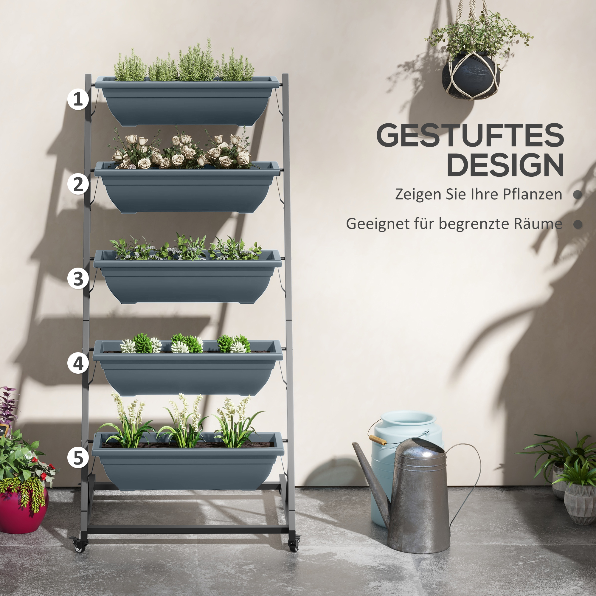 Pflanzentreppe Blumentreppe Pflanzenregal, stapelbar, wetterbeständig, 65 x 67 x 145 cm, Grau + Schwarz