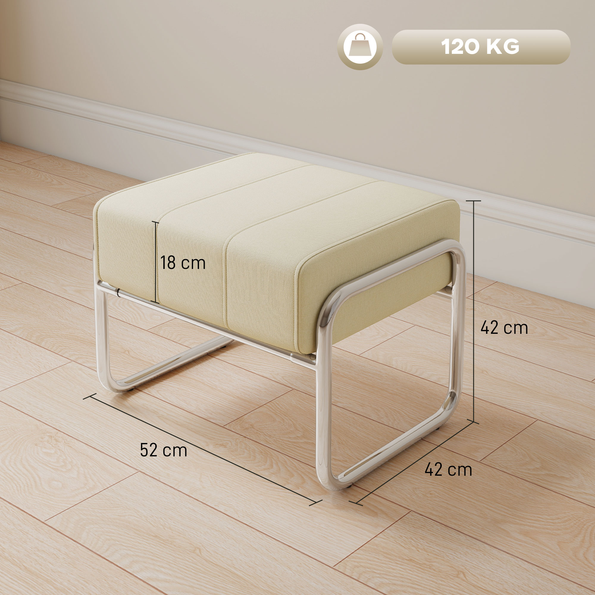 Fußhocker Sitzhocker Dick Gepolstert Hocker mit Chenille-Stoff Stahlbeinen für Schlafzimmer, Beige