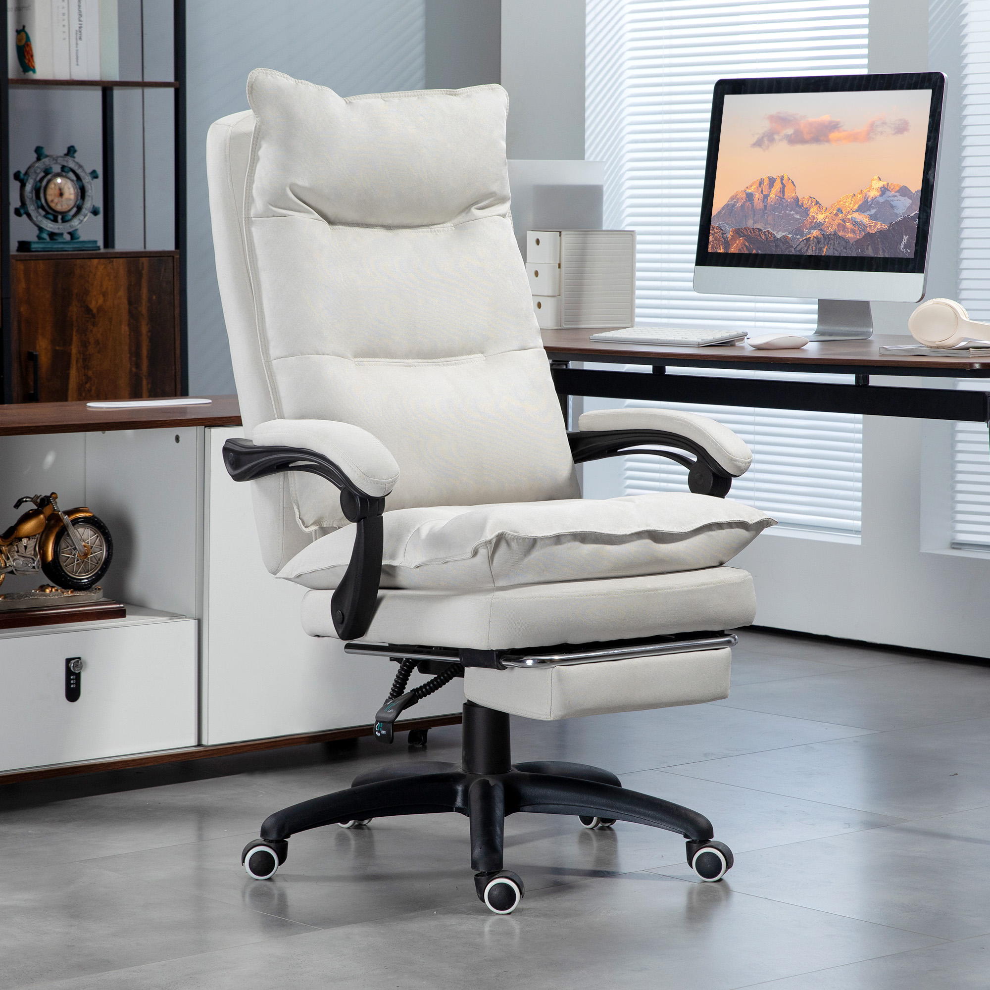 Massage-Bürostuhl, Schreibtischsessel mit Massagefunktion, höhenverstellbarer, ergonomischer Drehstuhl, Nylon, Cremeweiß