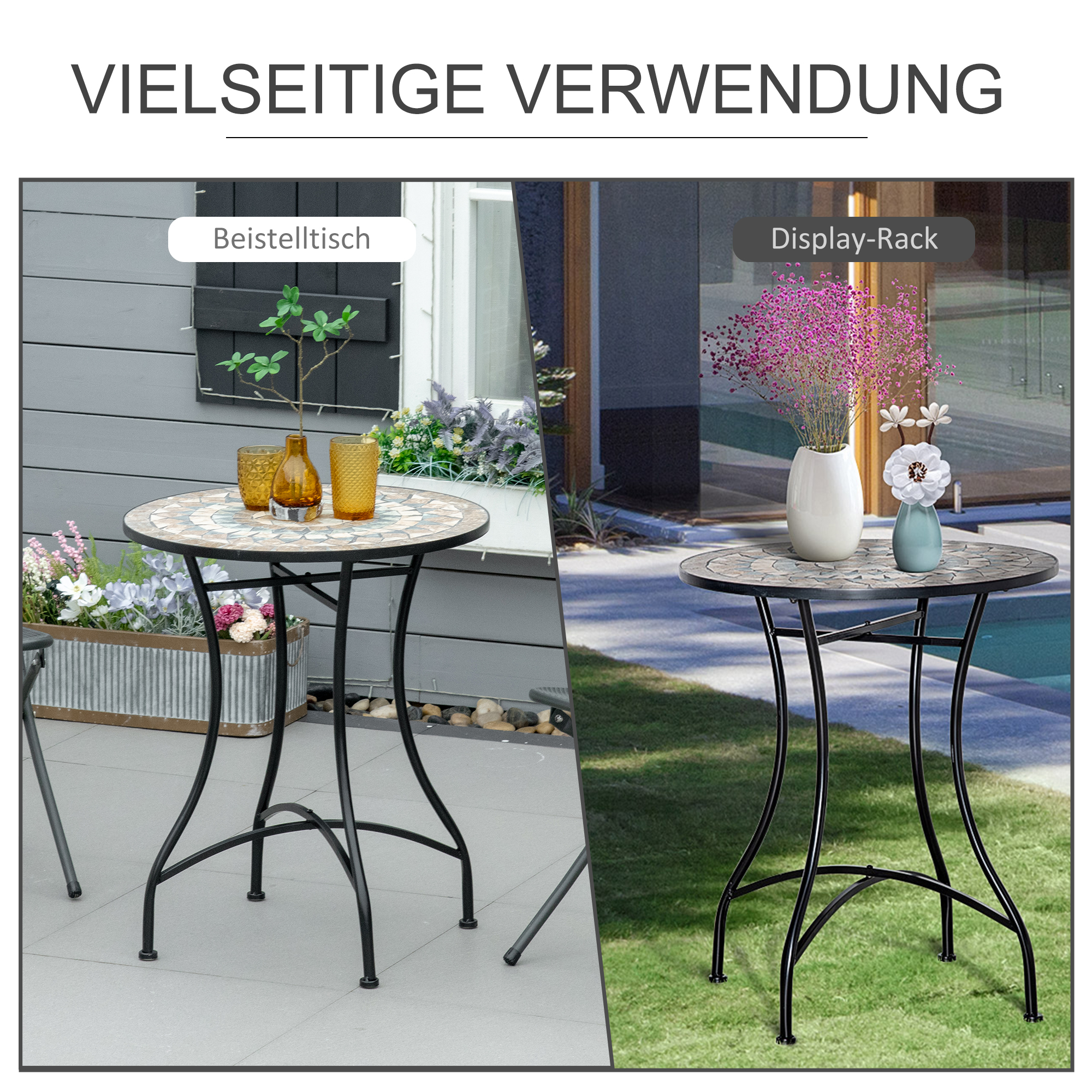 Gartentisch Mosaiktisch Balkontisch Beistelltisch Seviertisch rund Stahl + Keramik Orange + Weiß Ø60 x H71 cm
