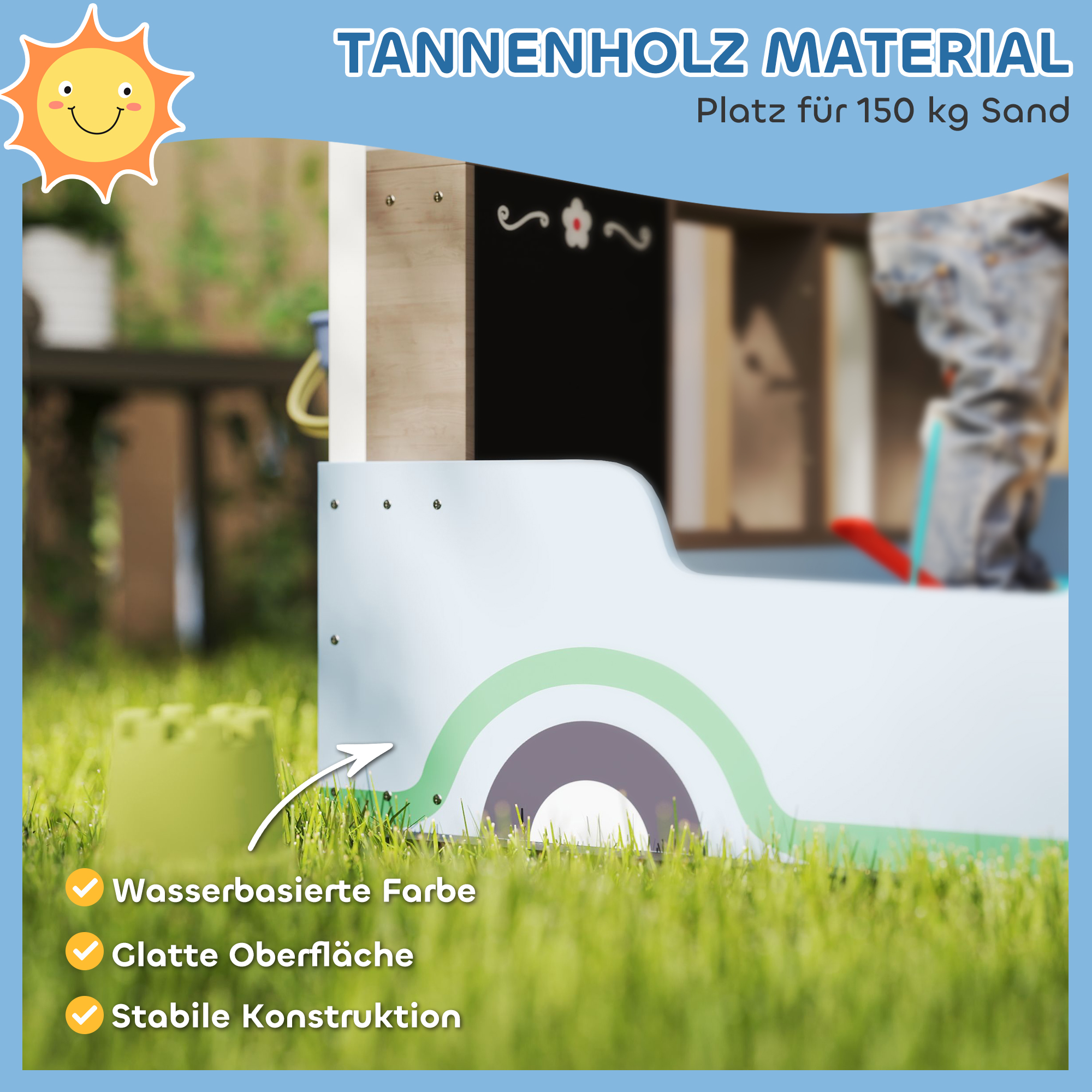 Sandkasten mit Vordach, Einkaufsladen-Design, Sitzbank, Zeichentafel, Tannenholz, 104H x 108L x 90B cm, Blau