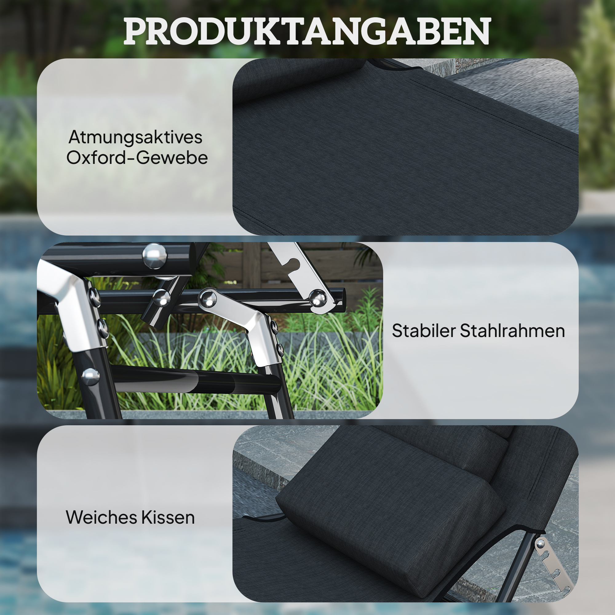 Sonnenliege mit Gesichtsloch & Kissen, klappbar, wasserabweisender Bezug, Metallrahmen, Schwarz