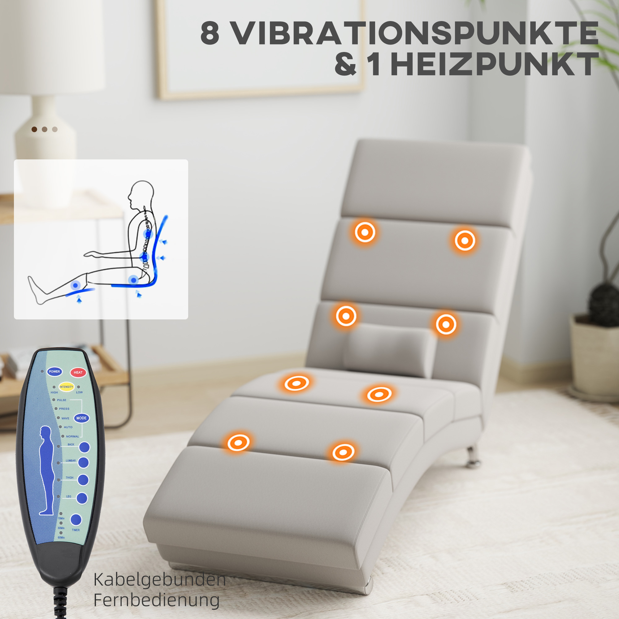 Relaxsessel Elektrisch Massagesessel mit Liegefunktion Wärmefunktion Vibration Lendenkissen 56 x 168 x 84 cm Cremeweiß
