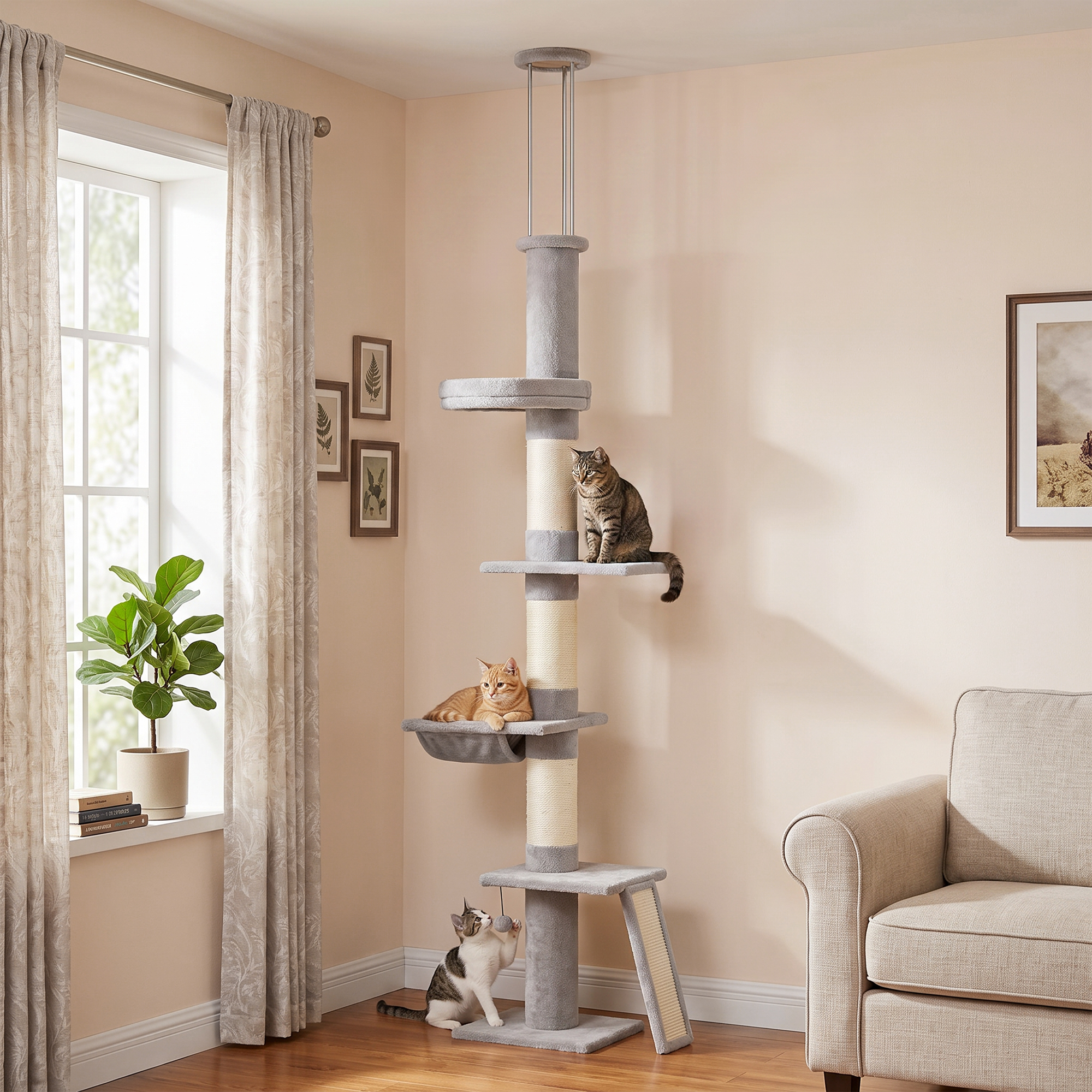 Kratzbaum Deckenhoch 230–260 cm höhenverstellbar Katzenbaum mit 5 Etagen 3 dicke Sisal-Kratzstämmen, Sisal-Kratzbrett