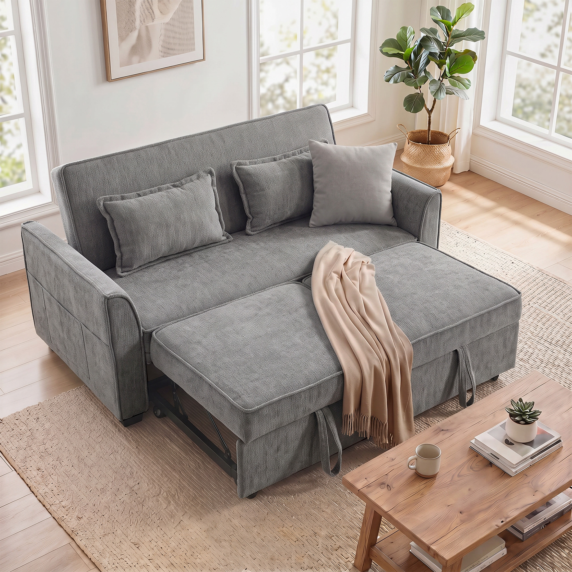 2-Sitzer-Schlafsofa, 4-in-1 L-förmiges Ausziehsofa mit verstellbarer Rückenlehne und Seitentaschen, Grau