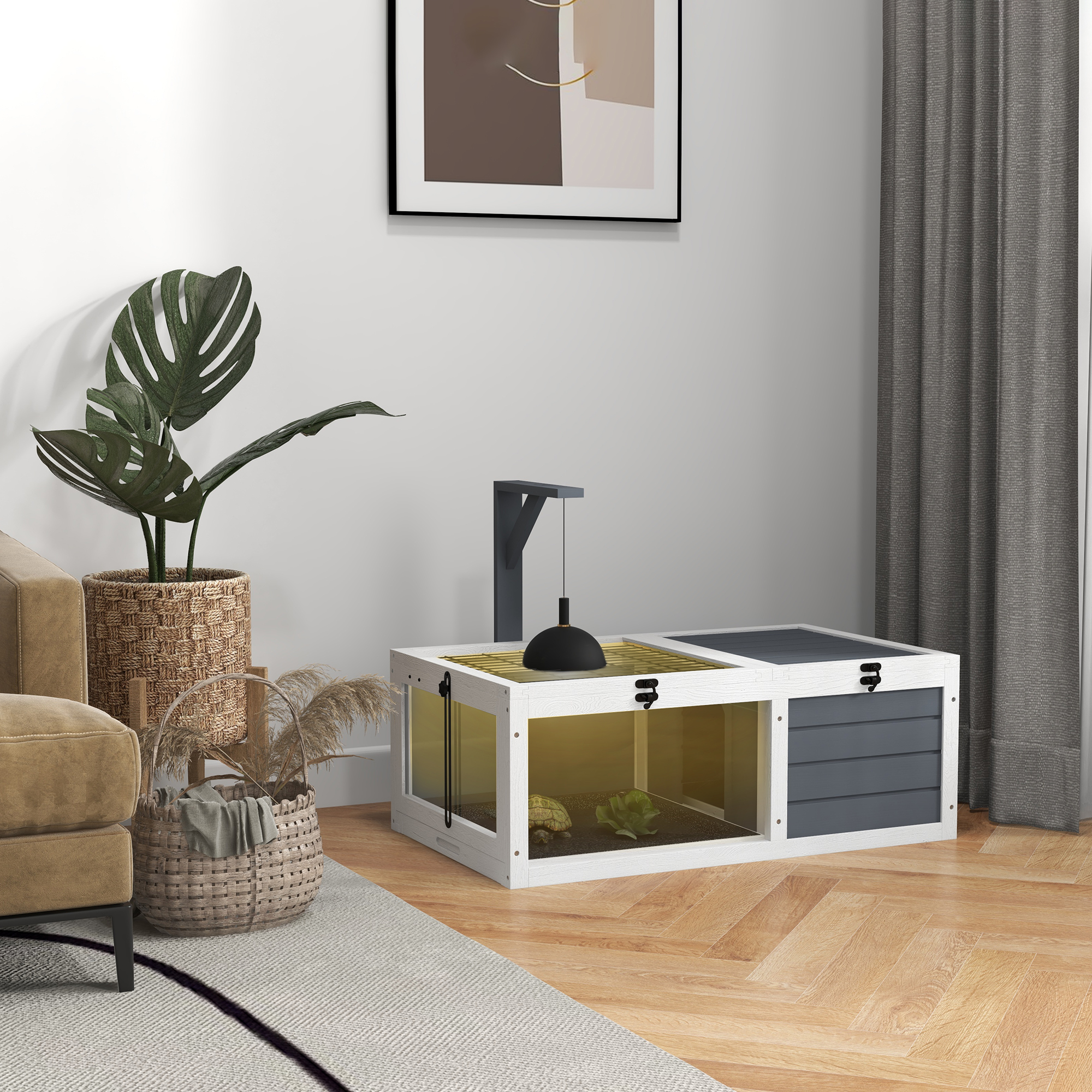 Schildkrötenhaus, Reptilienbox mit 2 Räumen, Deckel, Kunststoffschalen, Fenster, Holz, Grau