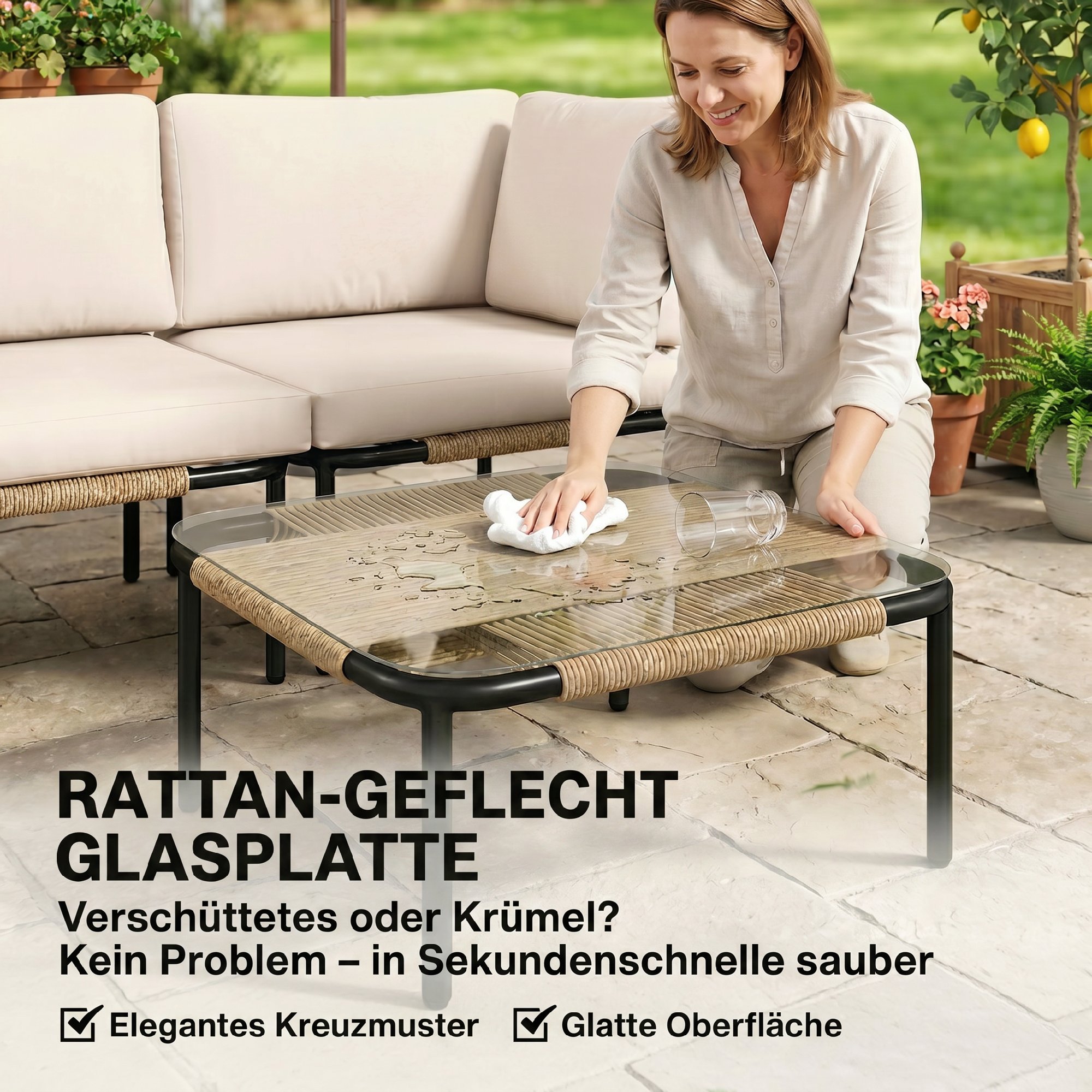 Polyrattan Gartenmöbel Set 5-teilig Lounge Set mit 3 Sessel Glastisch Hocker Breit & Tief Sitz abnehmbar Kissen