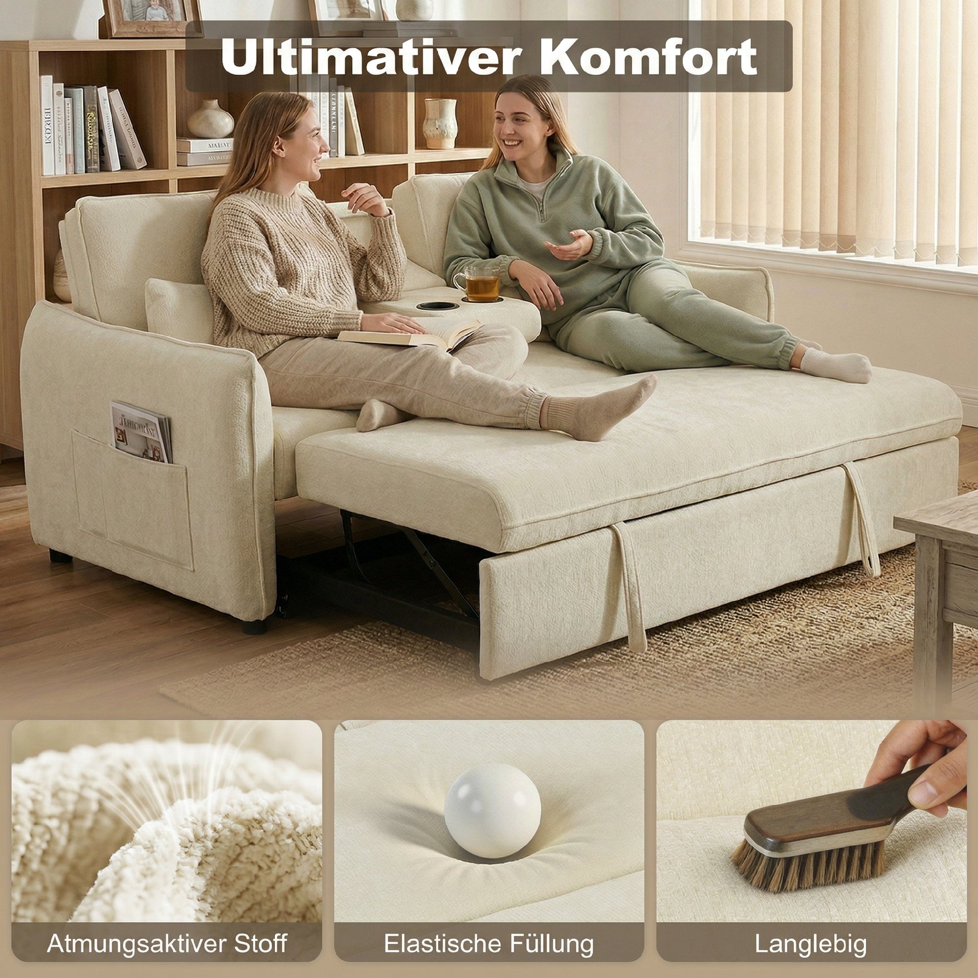 3-in-1 Verstellbares Schlafsofa, Zweisitzer mit Getränkehaltern, verstellbarer Rückenlehne und Seitentaschen, Beige