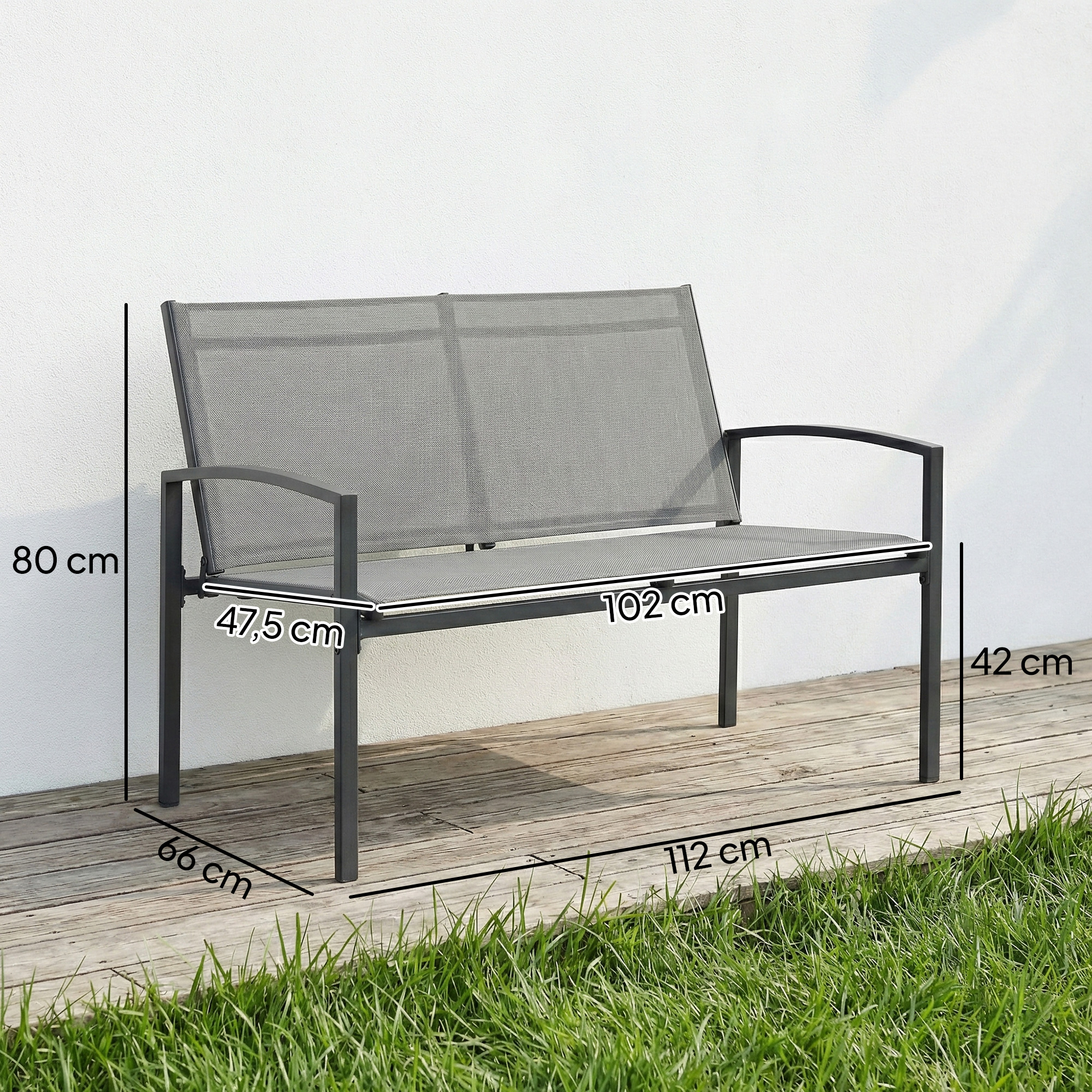 Gartenbank 2-Sitzer wetterfest Metall Outdoor Sitzbank mit atmungsaktivem Sitz gebogen Armlehnen 112 x 66 x 80 cm Grau