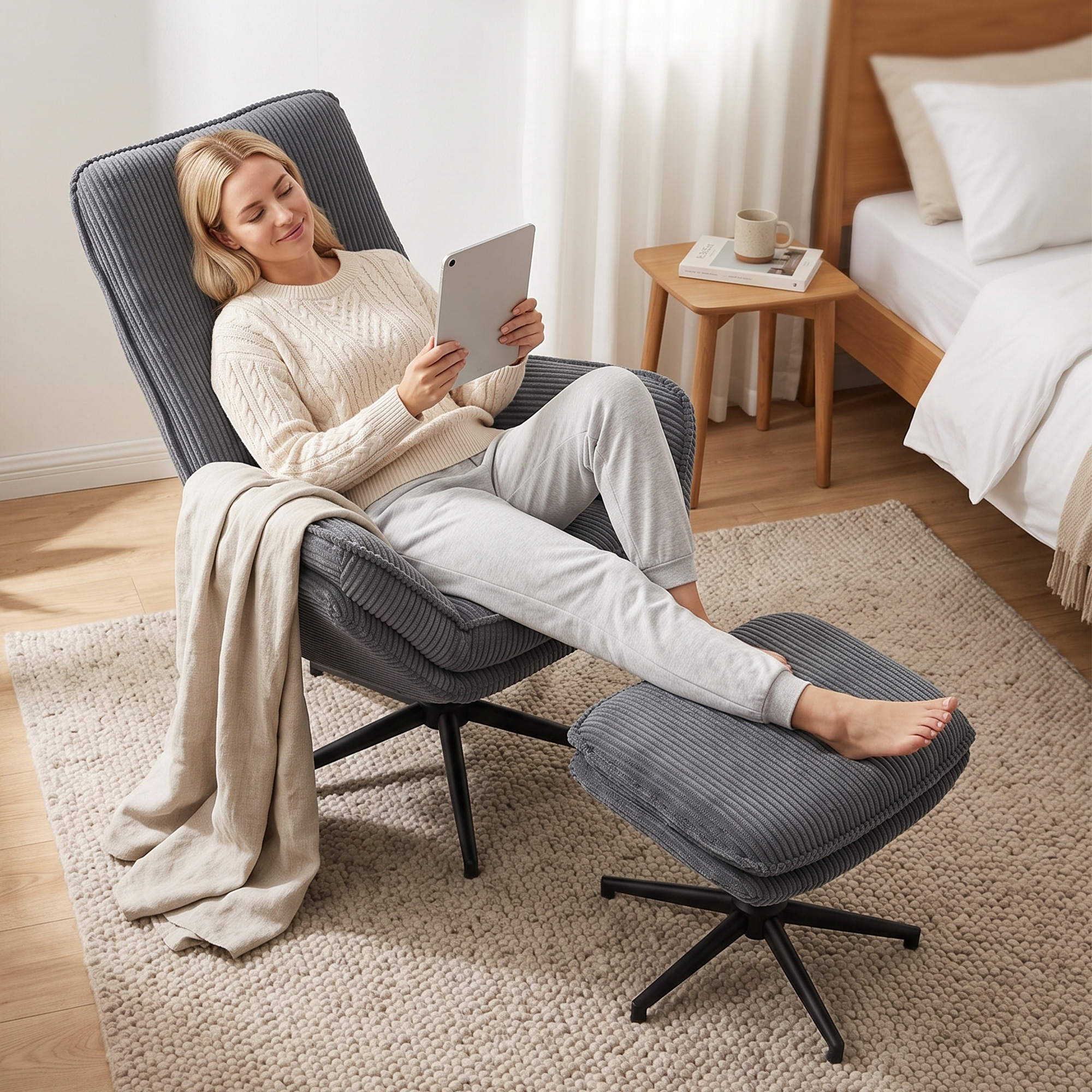 Relaxsessel mit 130° Liegefunktion, Fernsehsessel mit Hocker und Stahlrahmen, Grau