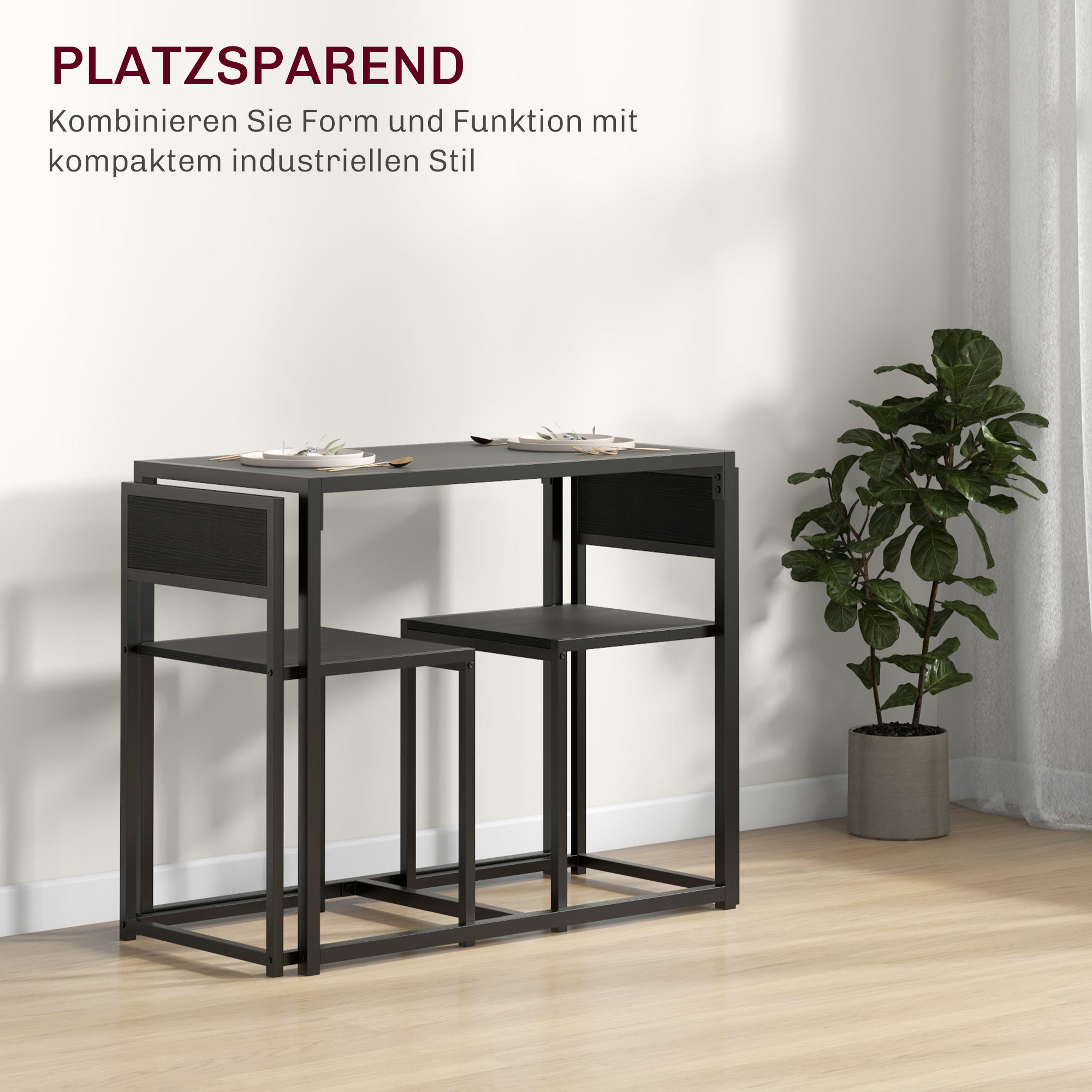 3-teiliges Bartisch-Set Hochtisch-Set 3-teilig, 2 Stühle, 1 Tisch, 90 cm x 47 cm x 76 cm, Schwarz