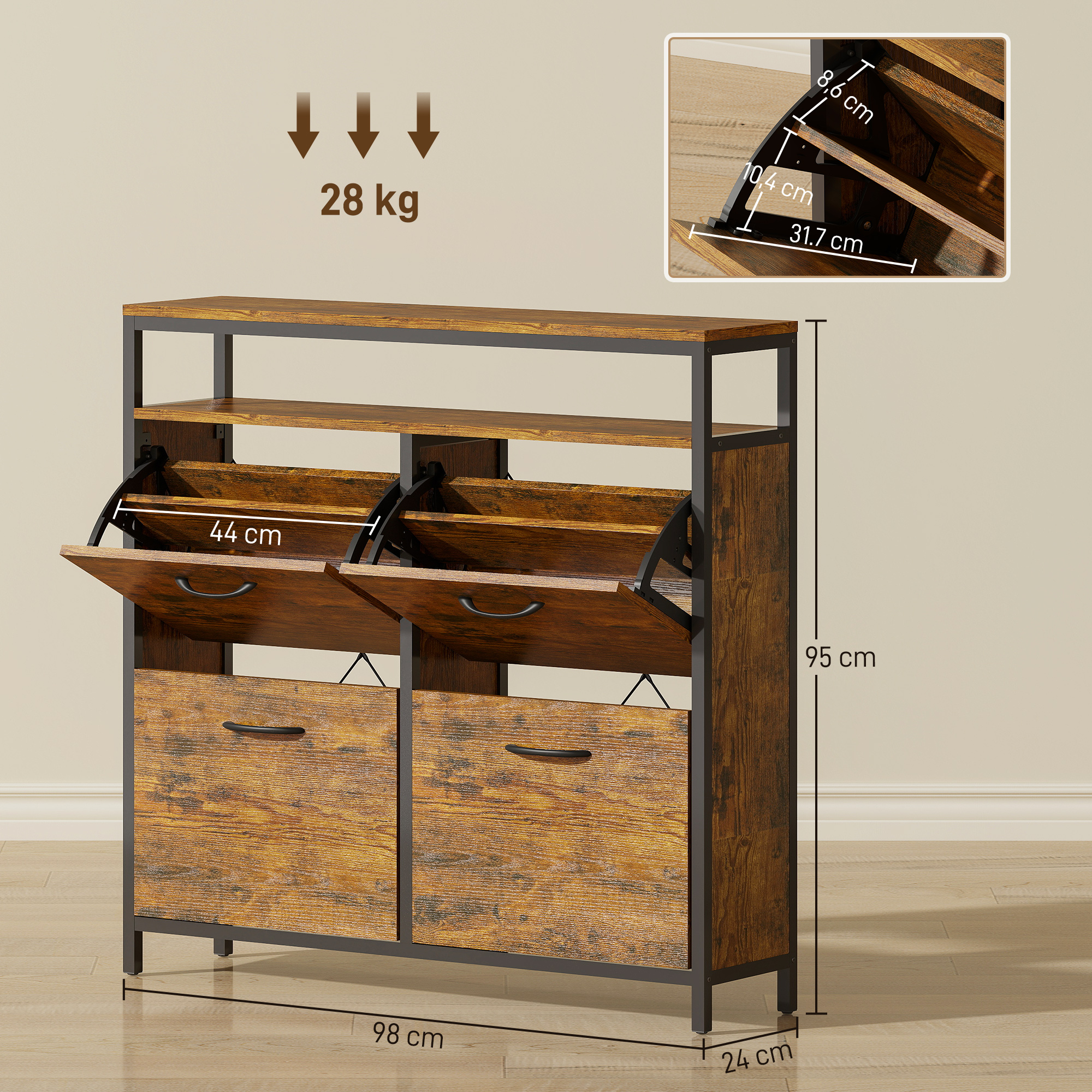 Schuhschrank mit 4 klappbaren Schubladen, schmales Design, offenes Regal, für 12-20 Paar Schuhe, Stahl, Braun